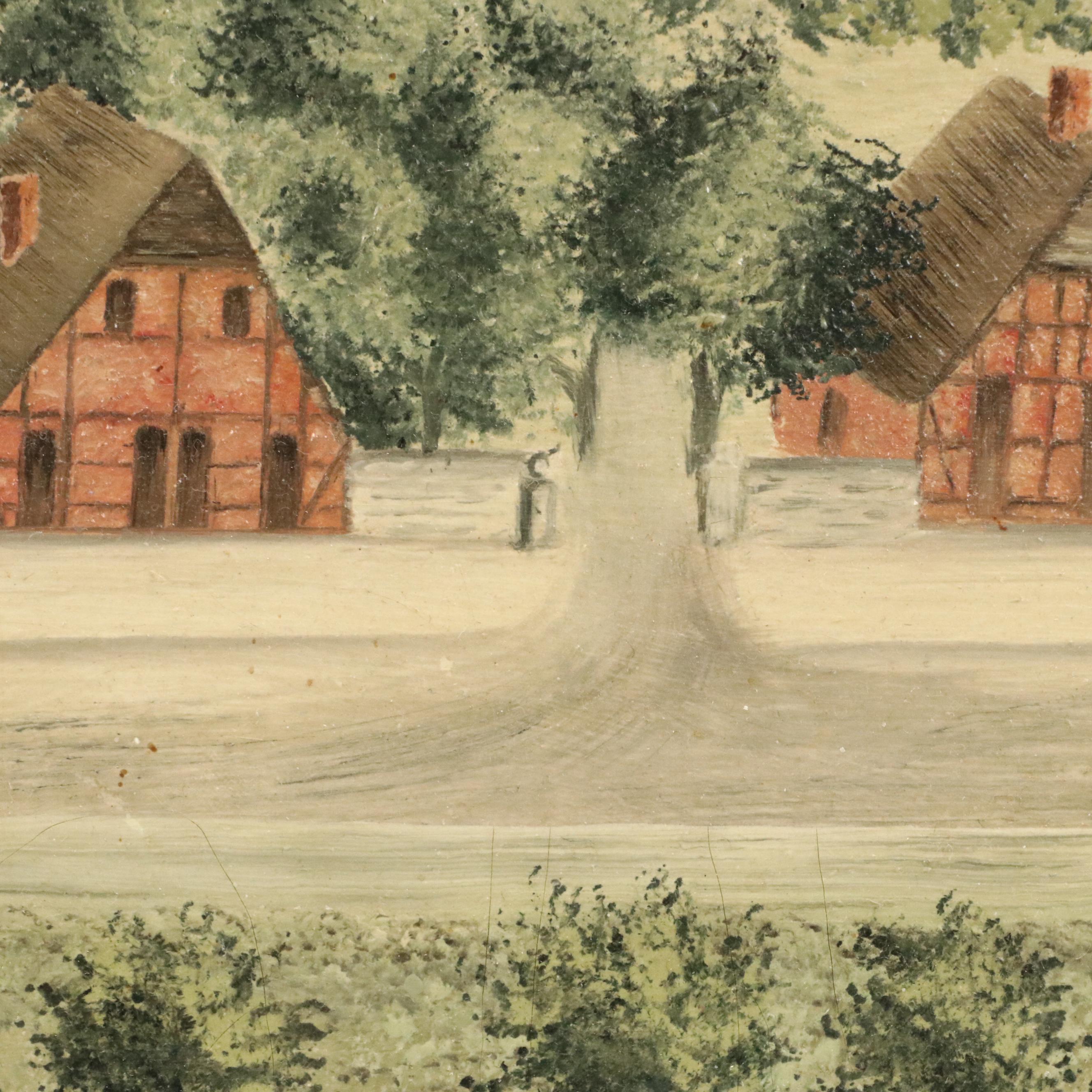 Primitive Style Acrylic Painting of Small Rural Town, Early to Mid-20th Century