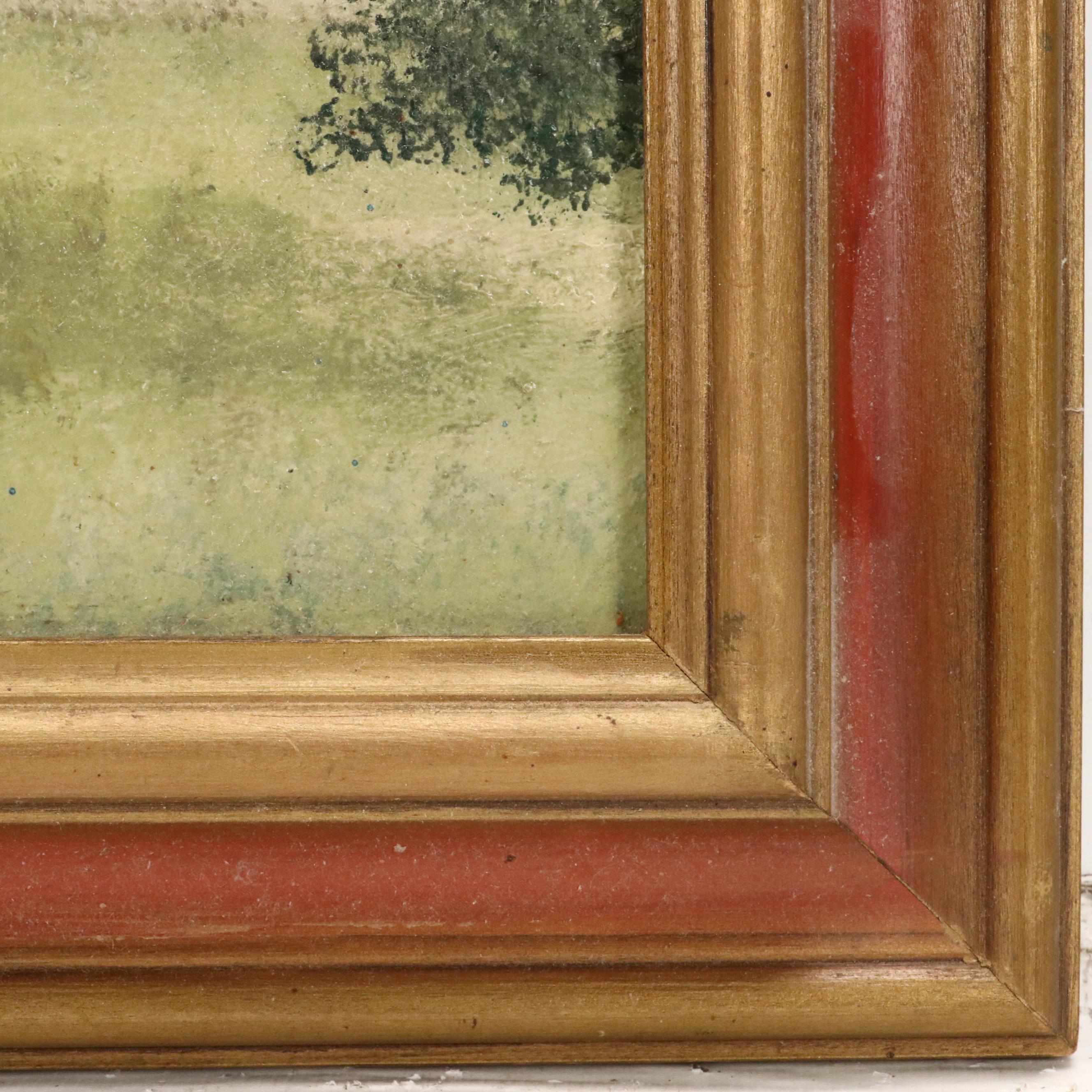 Primitive Style Acrylic Painting of Small Rural Town, Early to Mid-20th Century