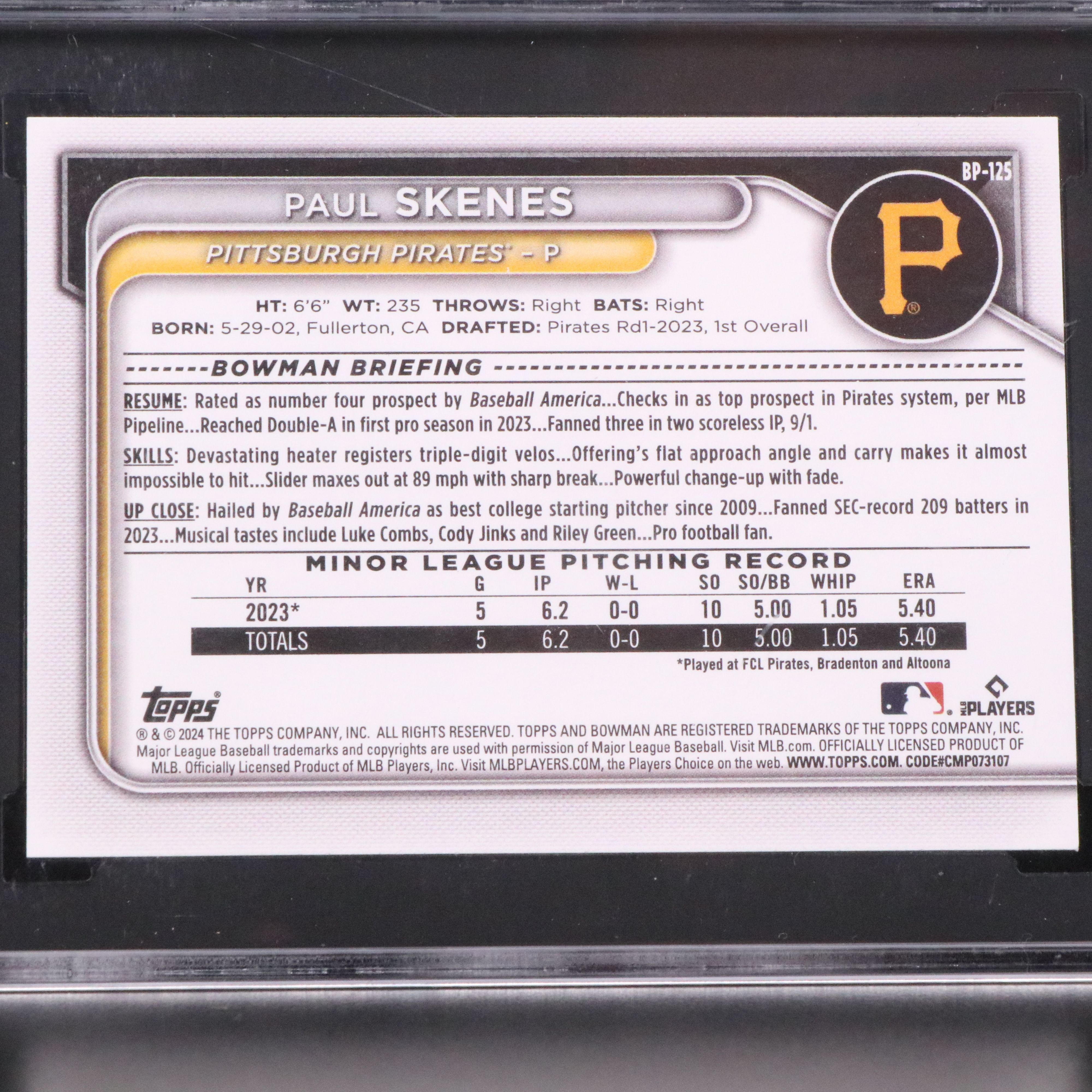 2024 Bowman Paul Skenes Pittsburgh Pirates Prospect Baseball Card Graded SGC 10