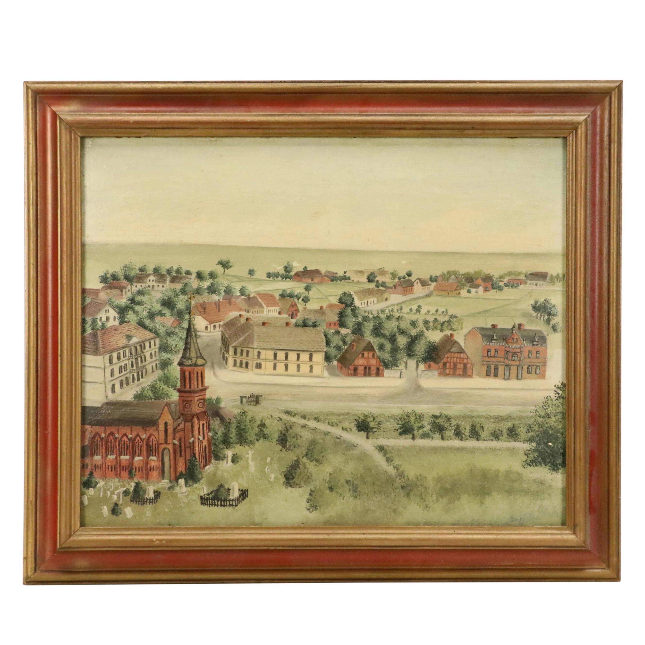 Primitive Style Acrylic Painting of Small Rural Town, Early to Mid-20th Century