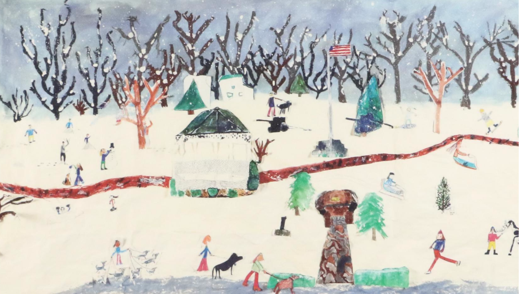 Naïve Art Style Giclée of Winter Scene