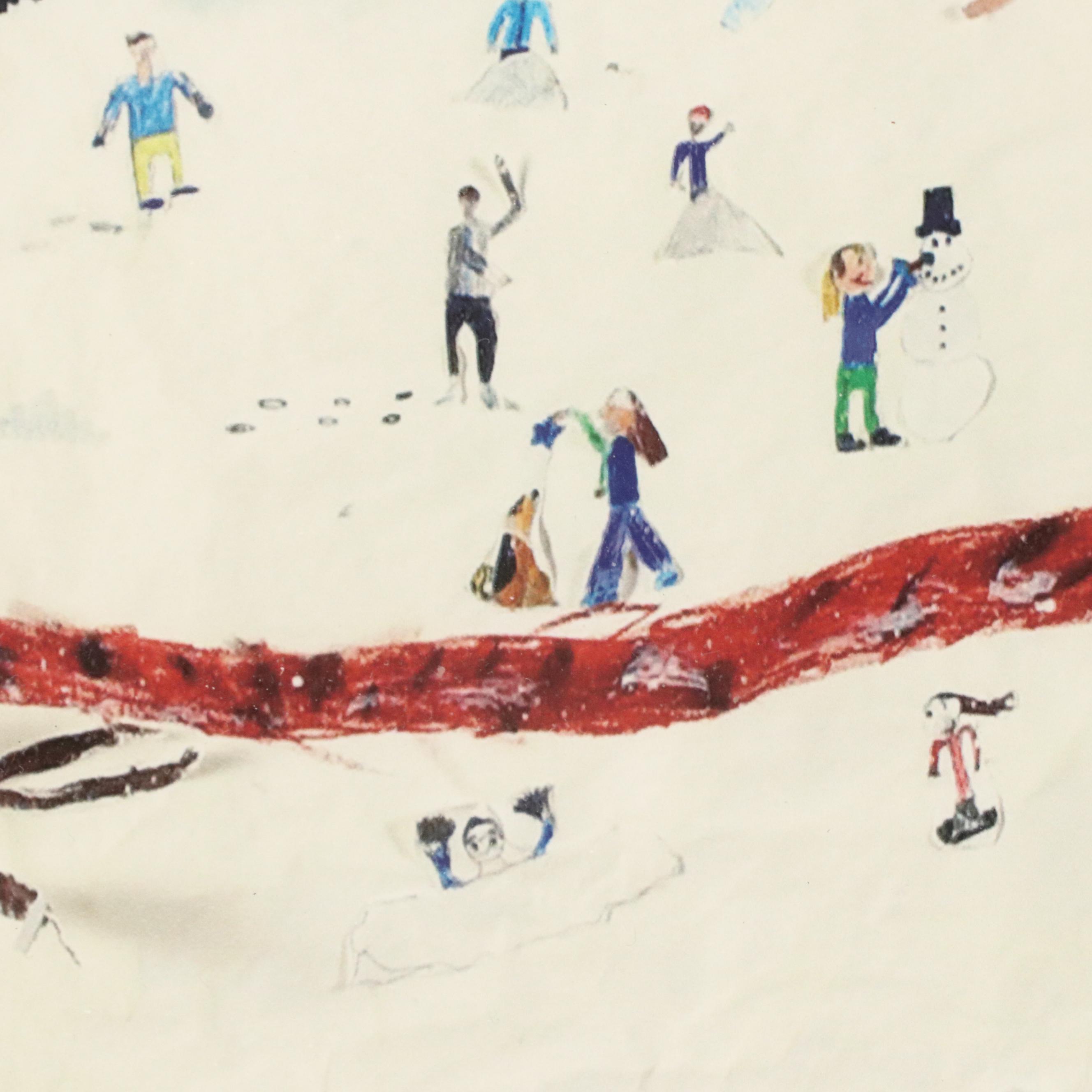 Naïve Art Style Giclée of Winter Scene