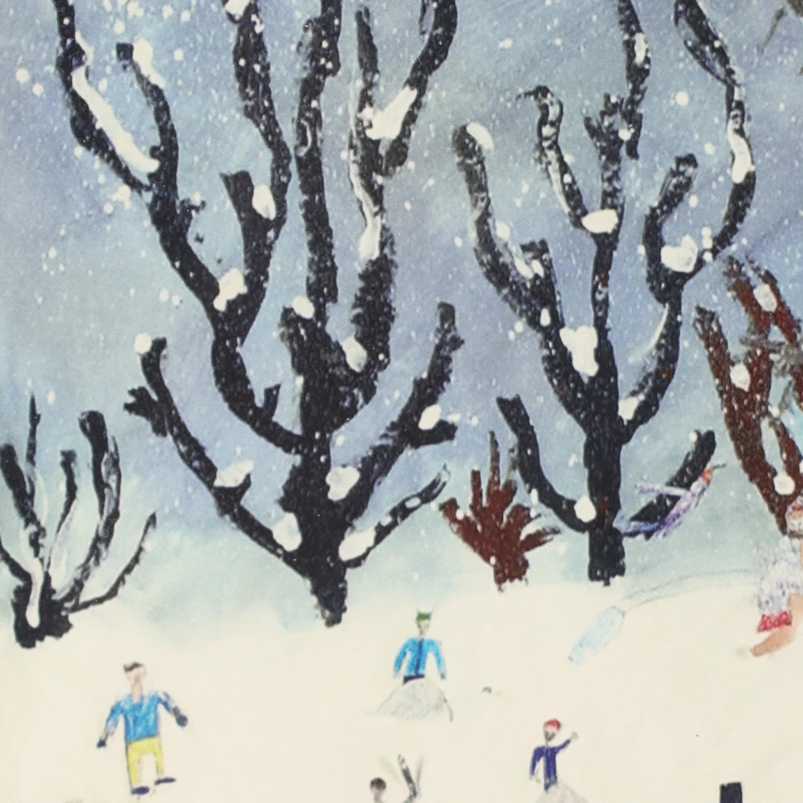 Naïve Art Style Giclée of Winter Scene