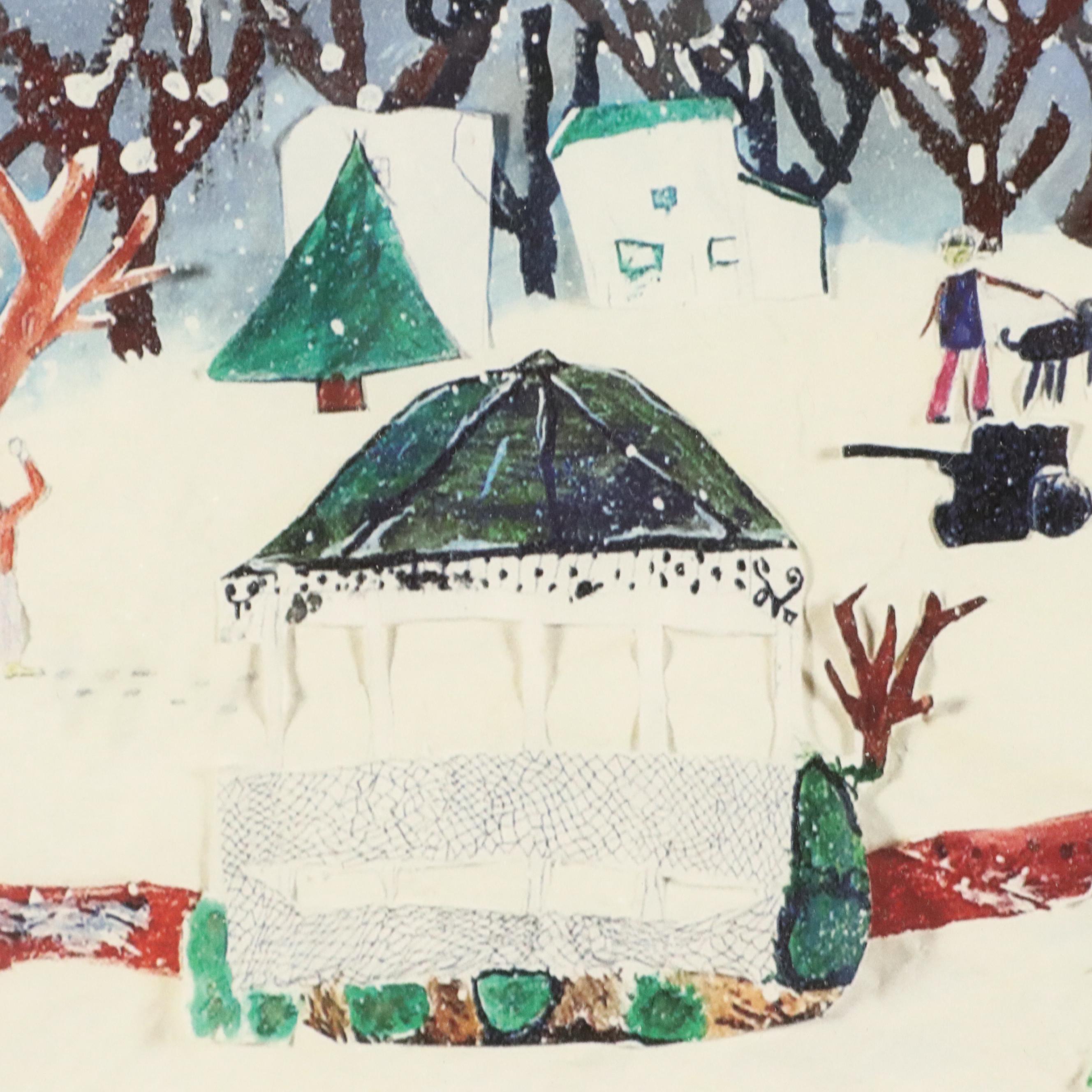 Naïve Art Style Giclée of Winter Scene