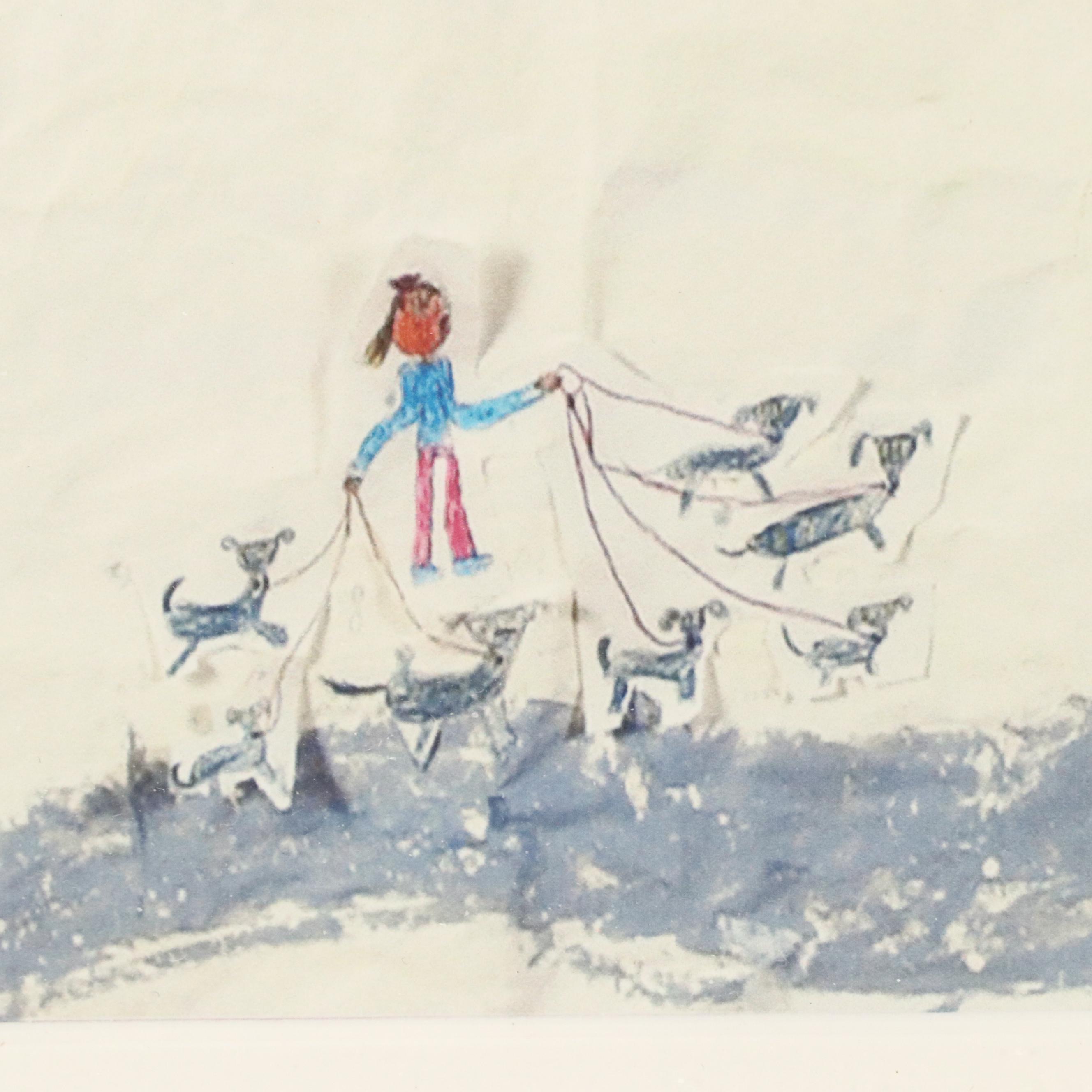 Naïve Art Style Giclée of Winter Scene