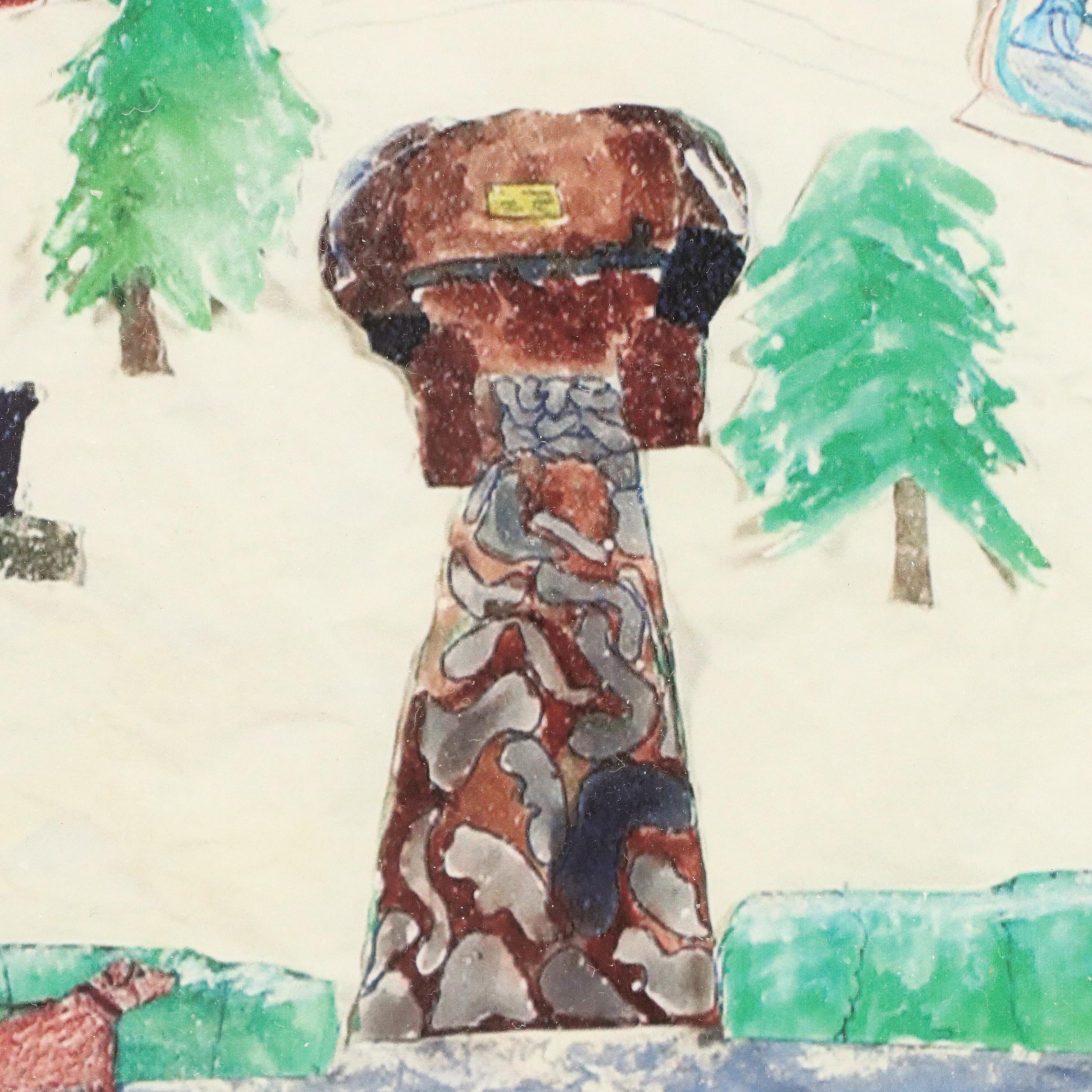 Naïve Art Style Giclée of Winter Scene