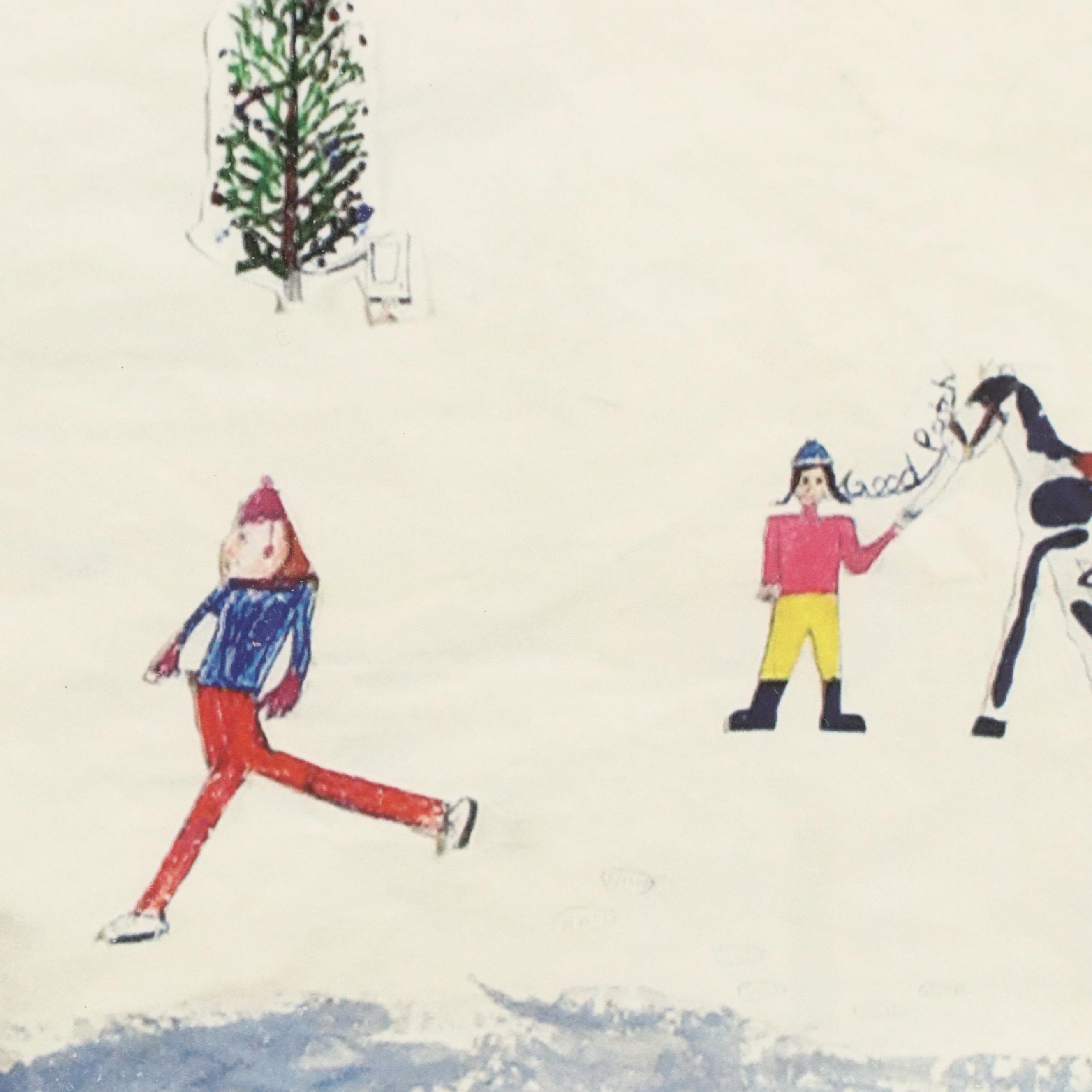 Naïve Art Style Giclée of Winter Scene