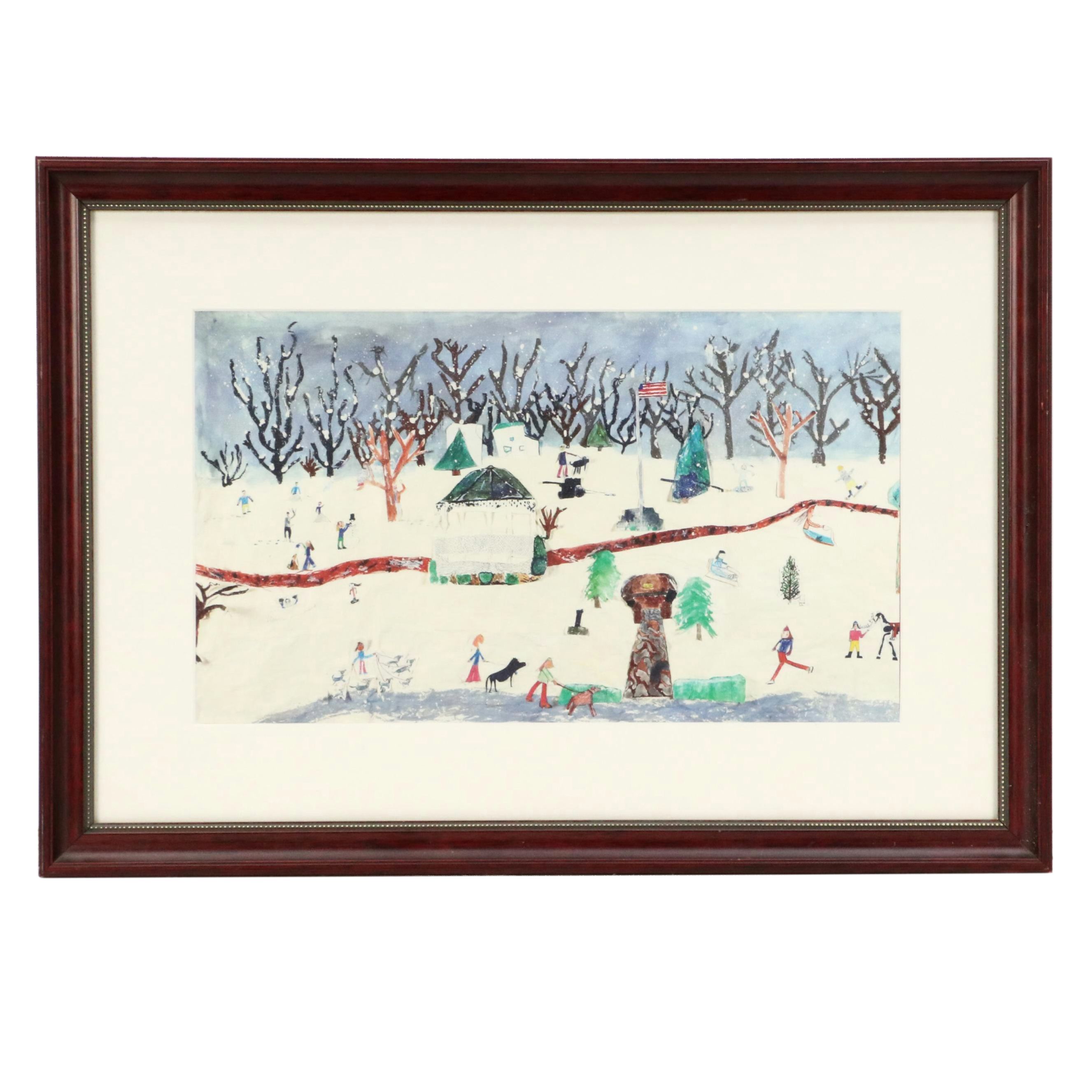 Naïve Art Style Giclée of Winter Scene