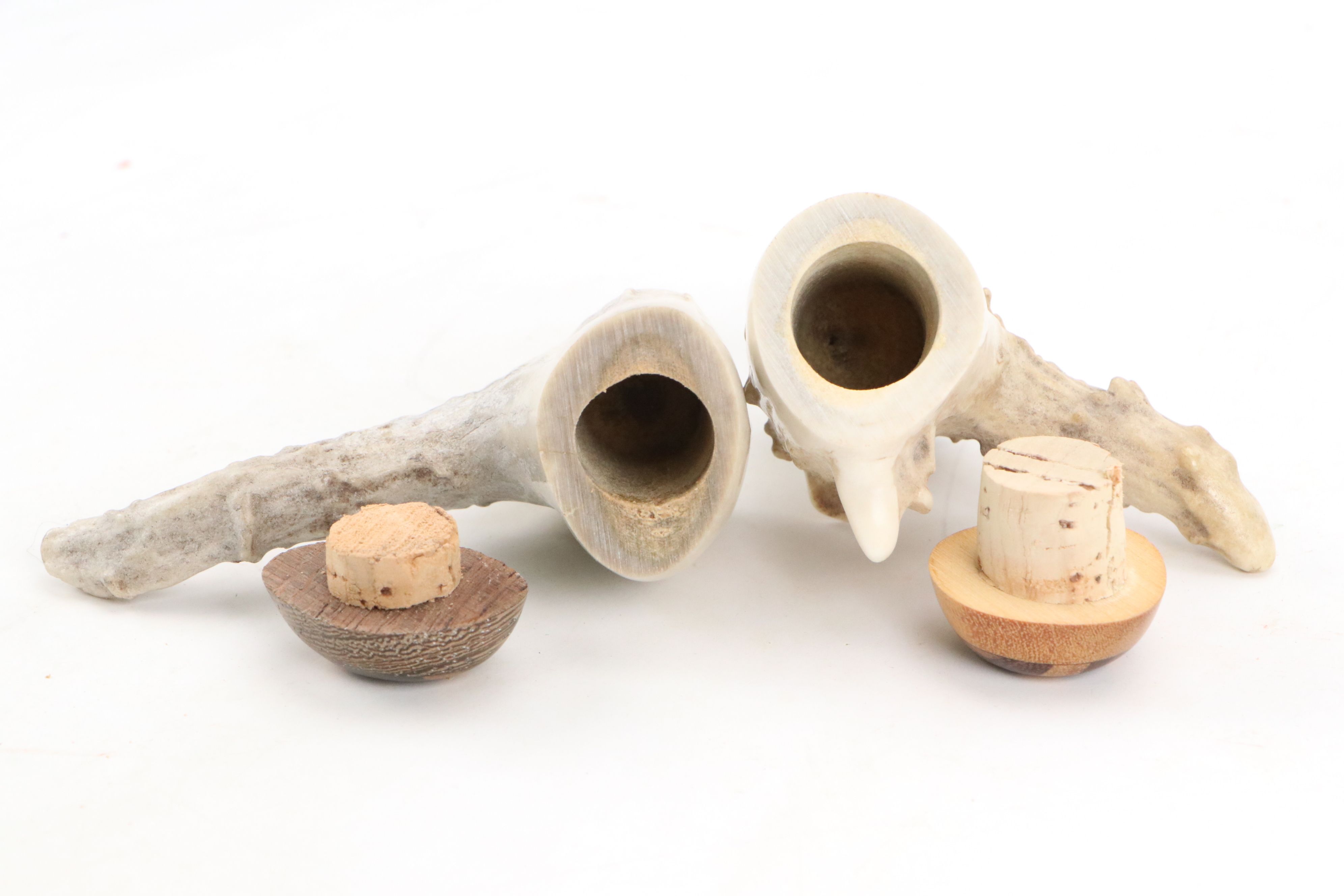 Hand-Carved Antler Tobacco Pipe Boxes with Fitted Wood Caps