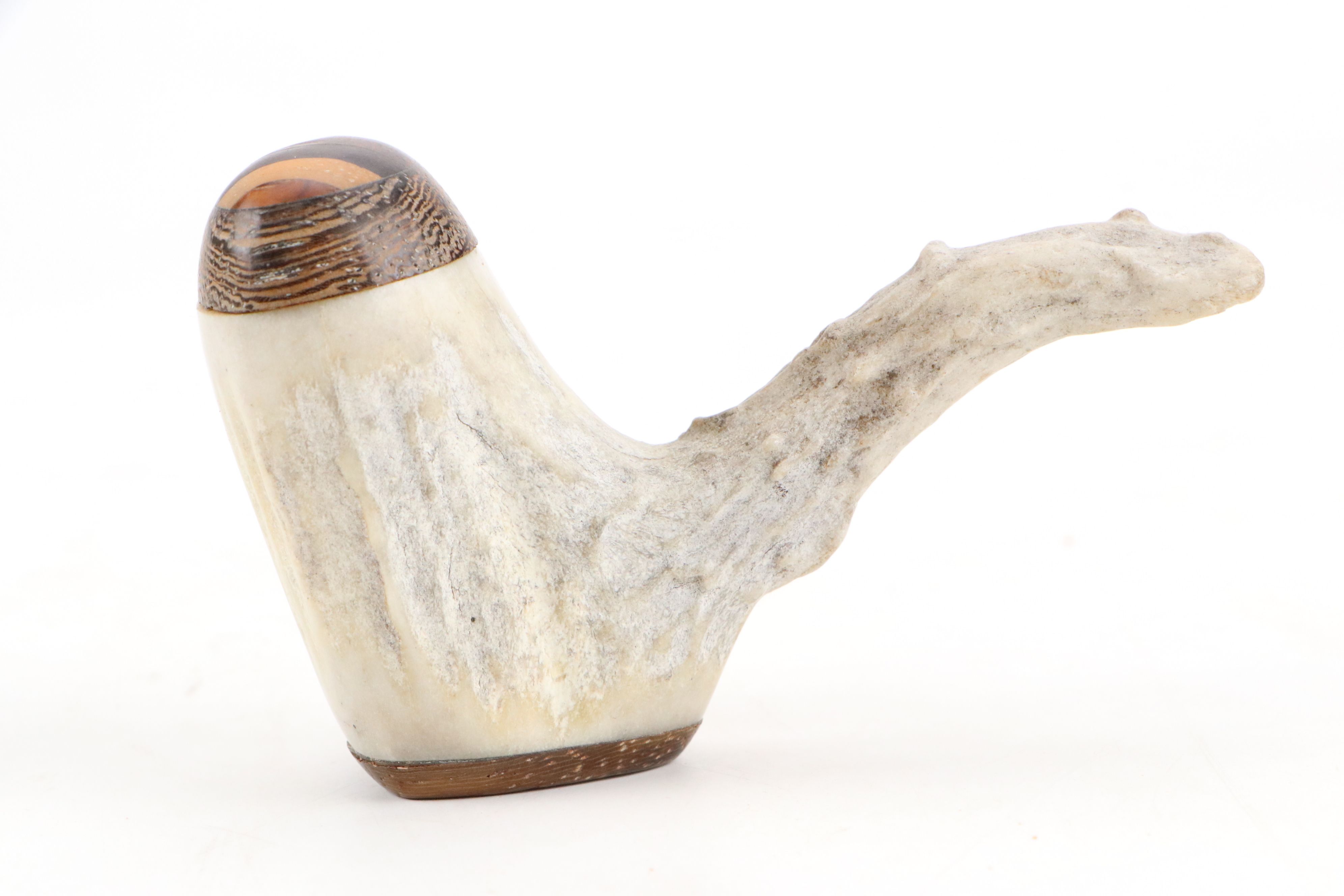 Hand-Carved Antler Tobacco Pipe Boxes with Fitted Wood Caps