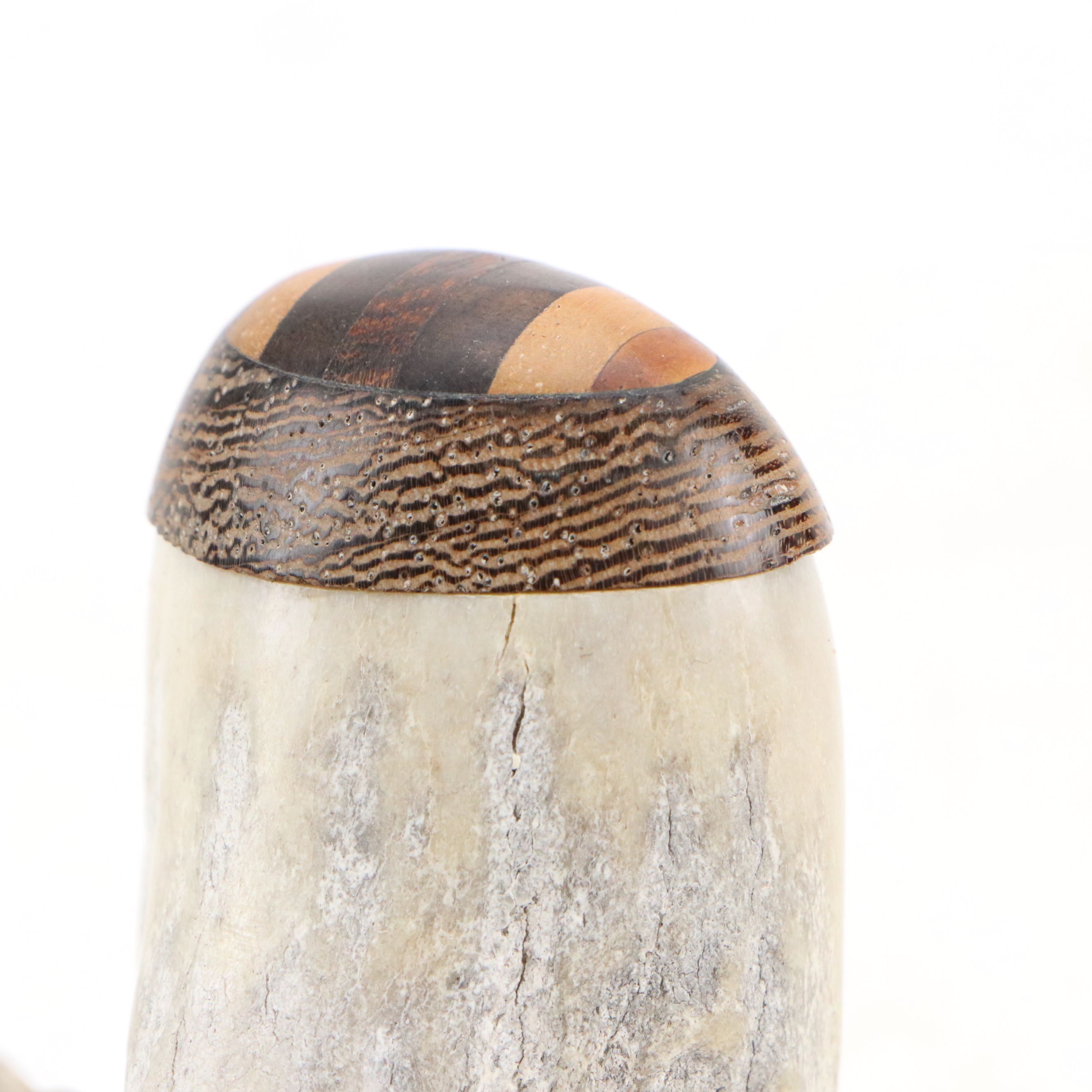 Hand-Carved Antler Tobacco Pipe Boxes with Fitted Wood Caps