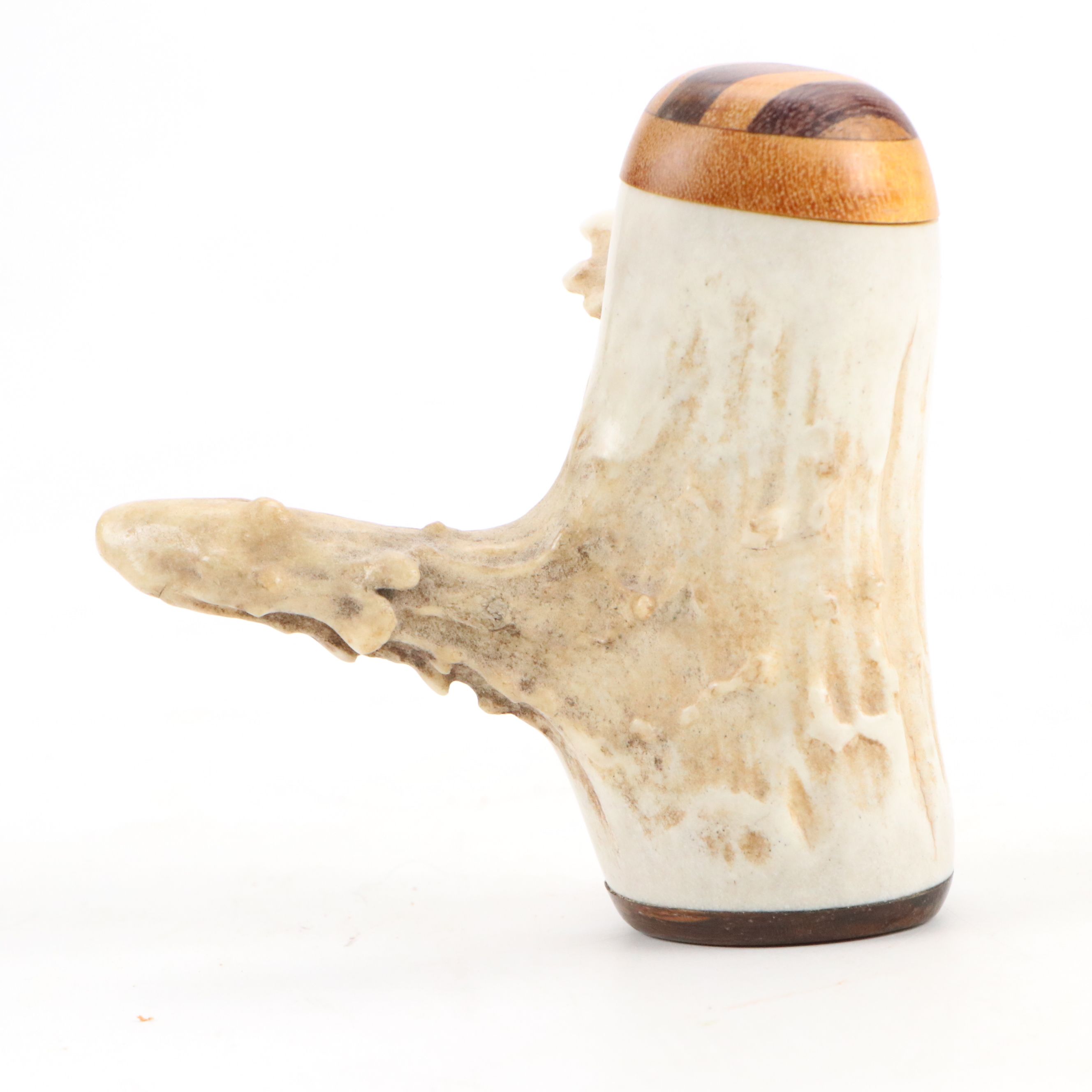 Hand-Carved Antler Tobacco Pipe Boxes with Fitted Wood Caps