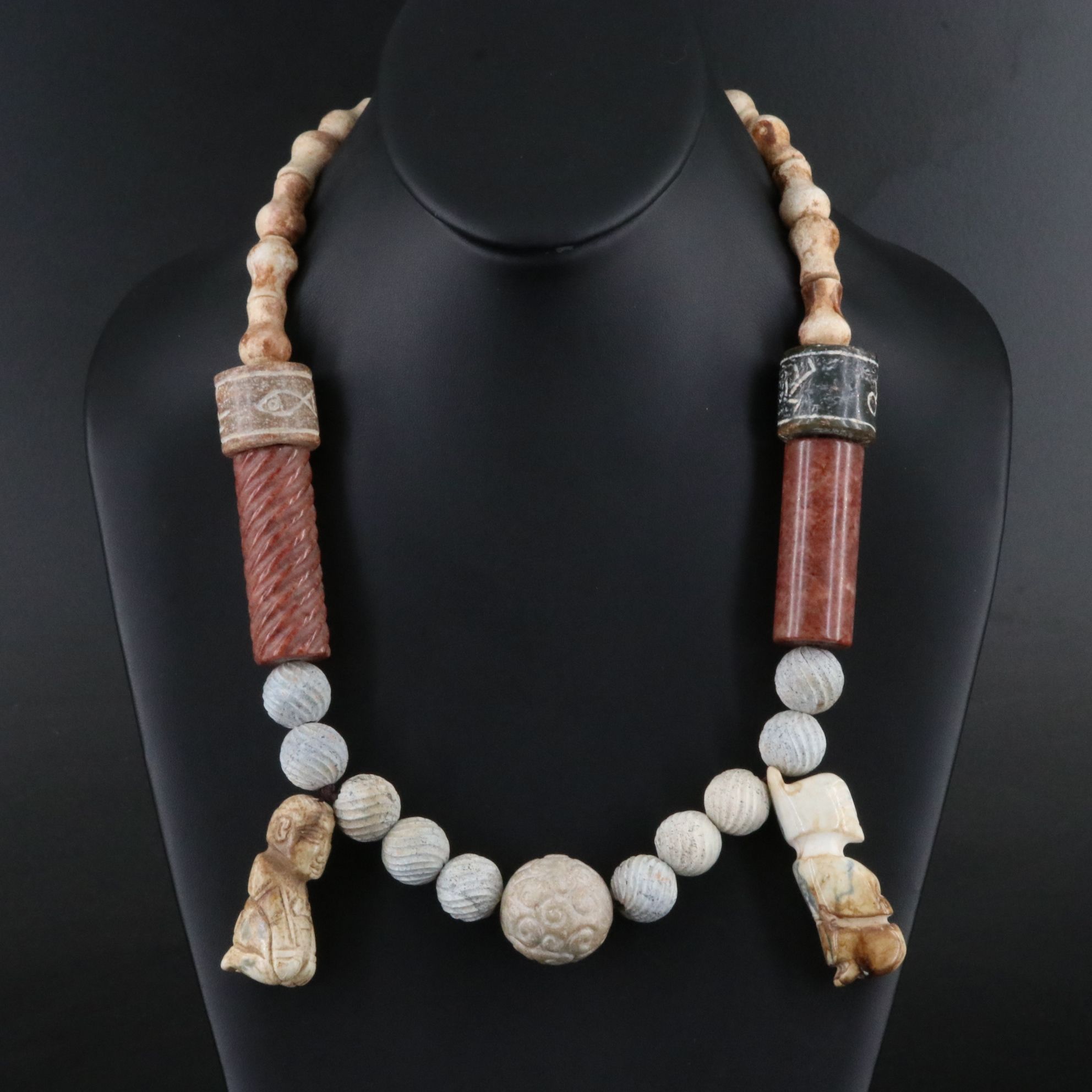 Chinese Carved Bead Child's Necklace Featuring Serpentine, Alabaster and Ceramic