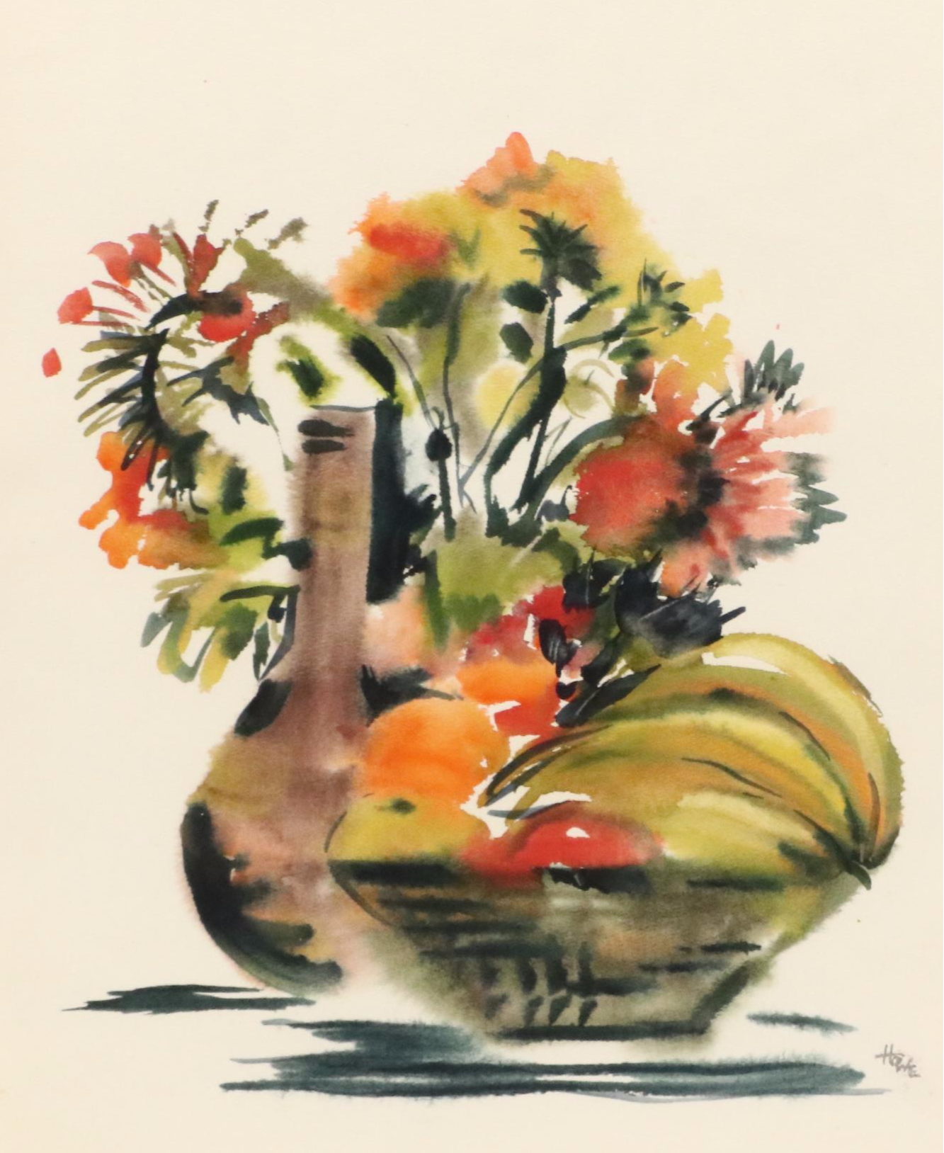 Abstracted Watercolor Painting of Still Life with Fruit, Mid-20th Century