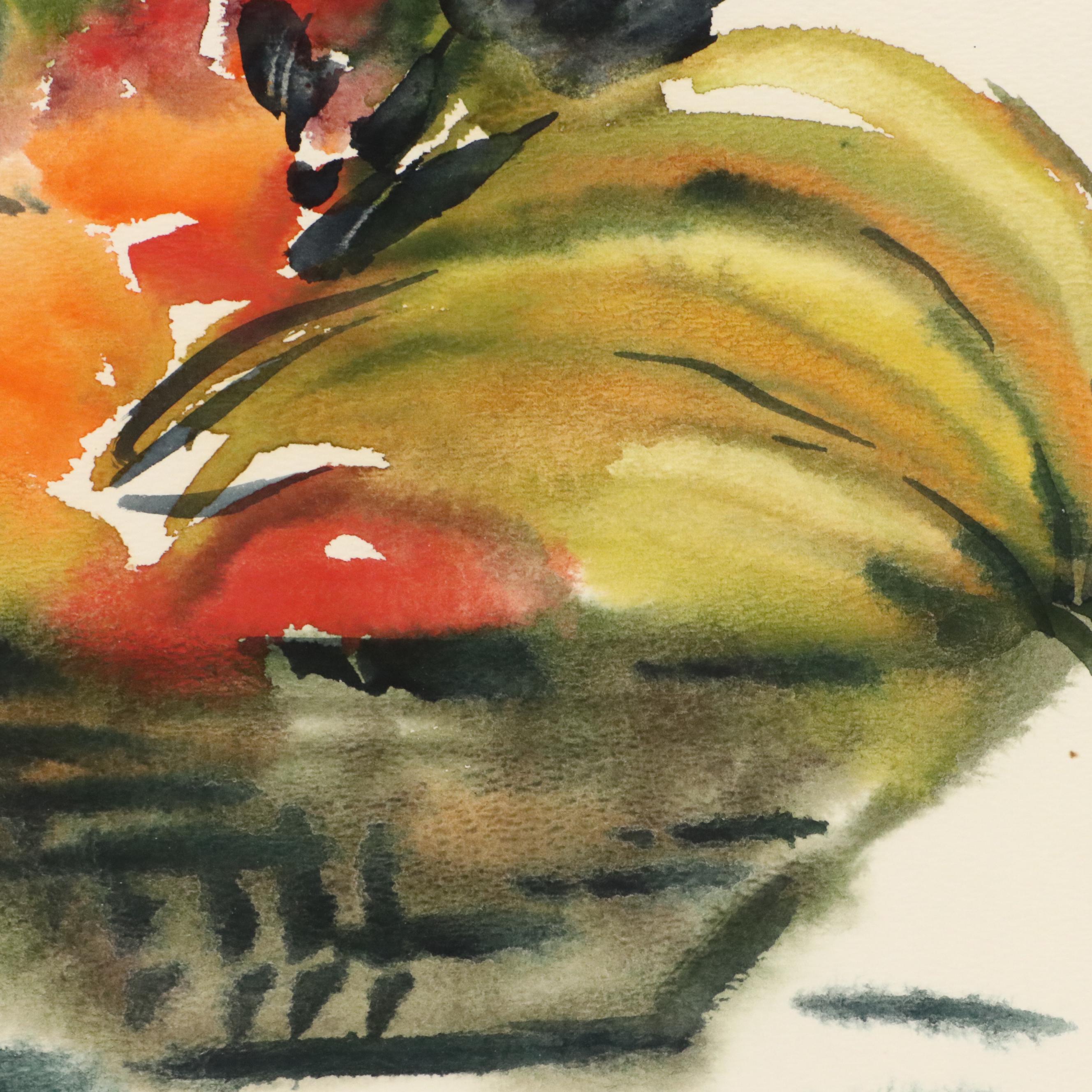 Abstracted Watercolor Painting of Still Life with Fruit, Mid-20th Century