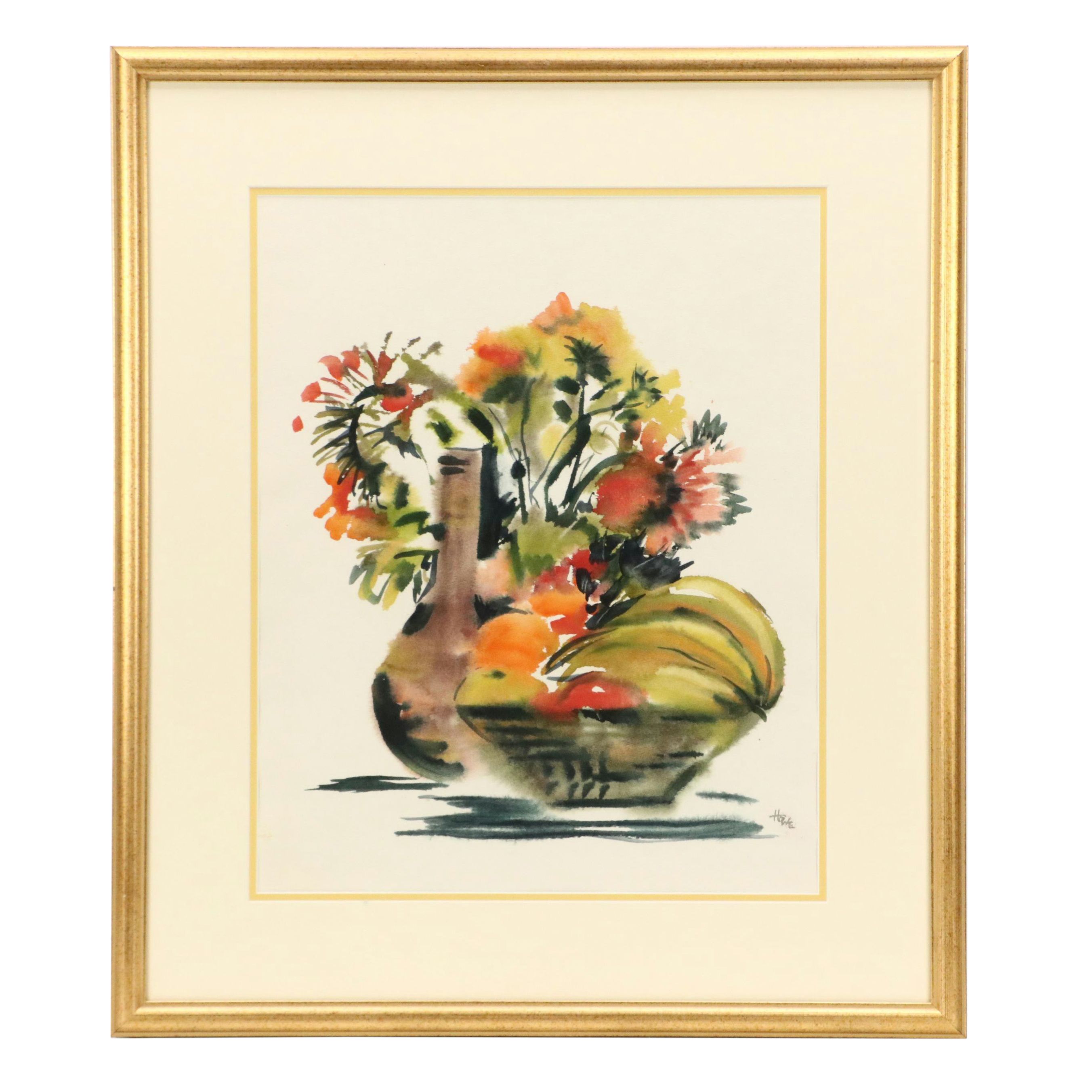 Abstracted Watercolor Painting of Still Life with Fruit, Mid-20th Century