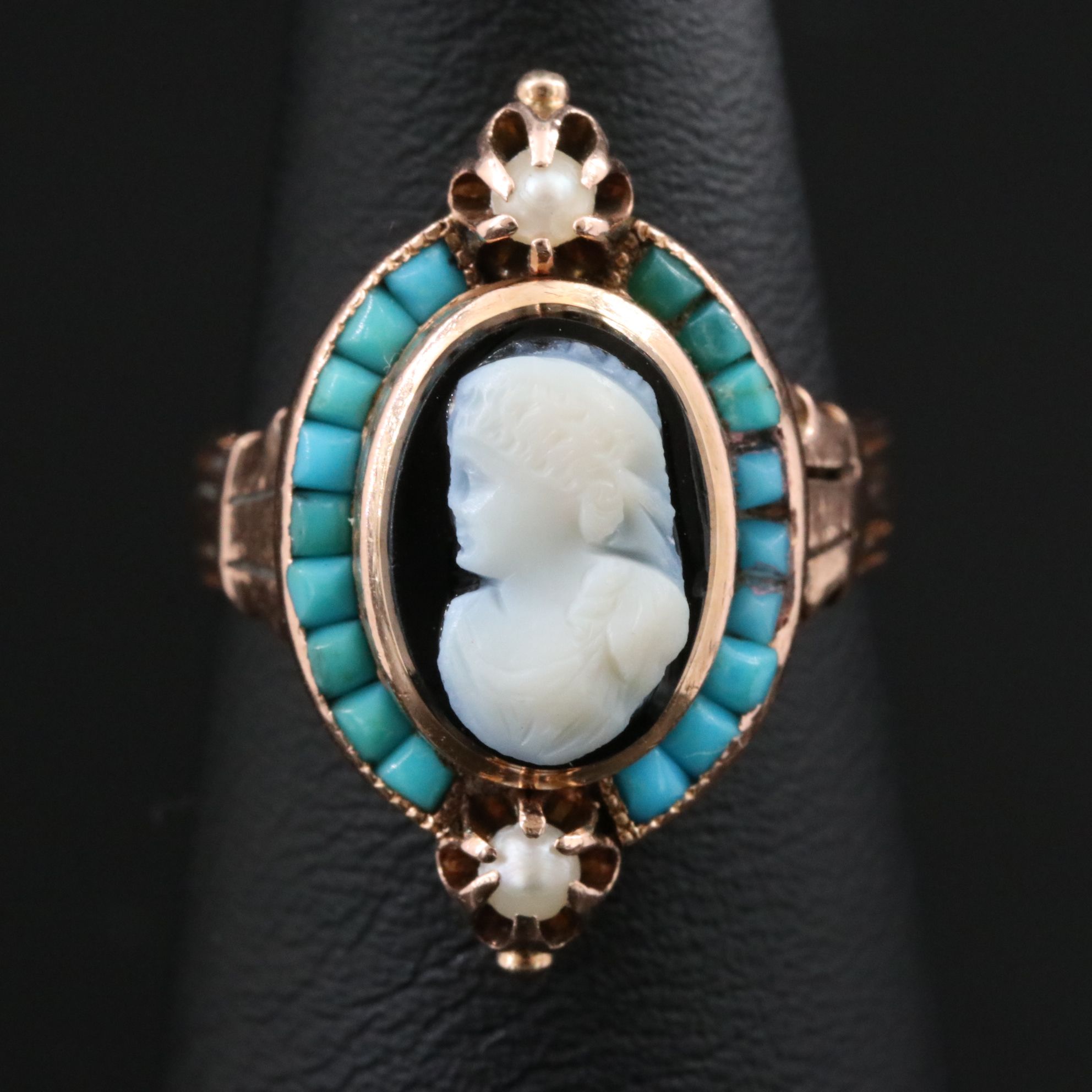 Victorian 14K Rose Gold Onyx and Turquoise Cameo Ring