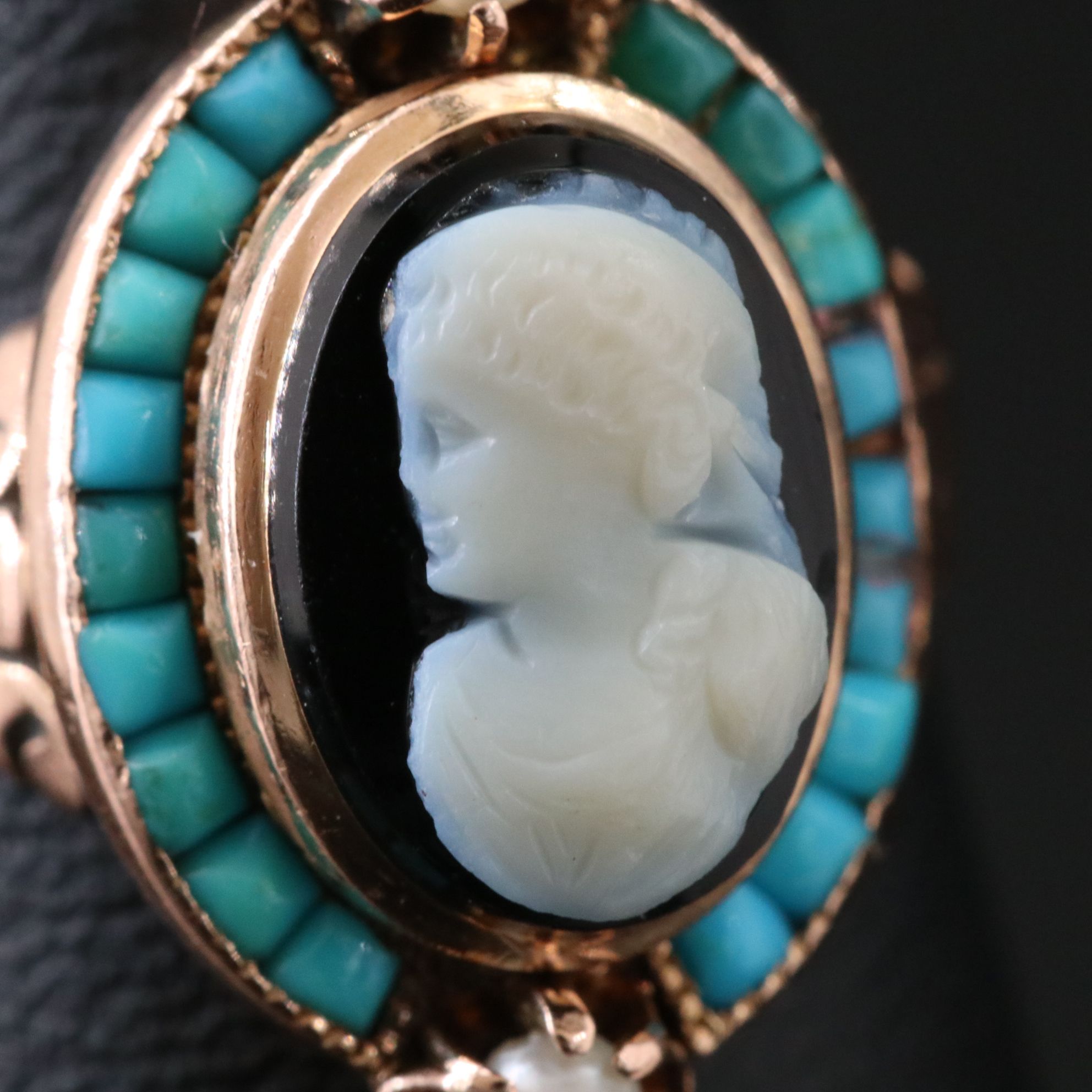 Victorian 14K Rose Gold Onyx and Turquoise Cameo Ring