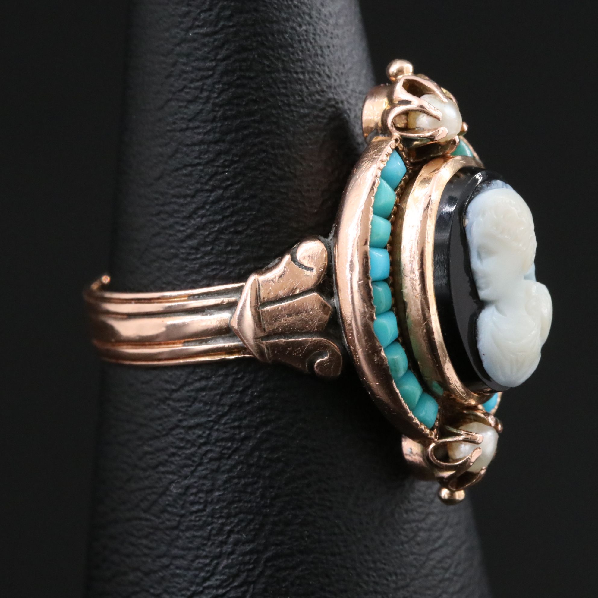 Victorian 14K Rose Gold Onyx and Turquoise Cameo Ring