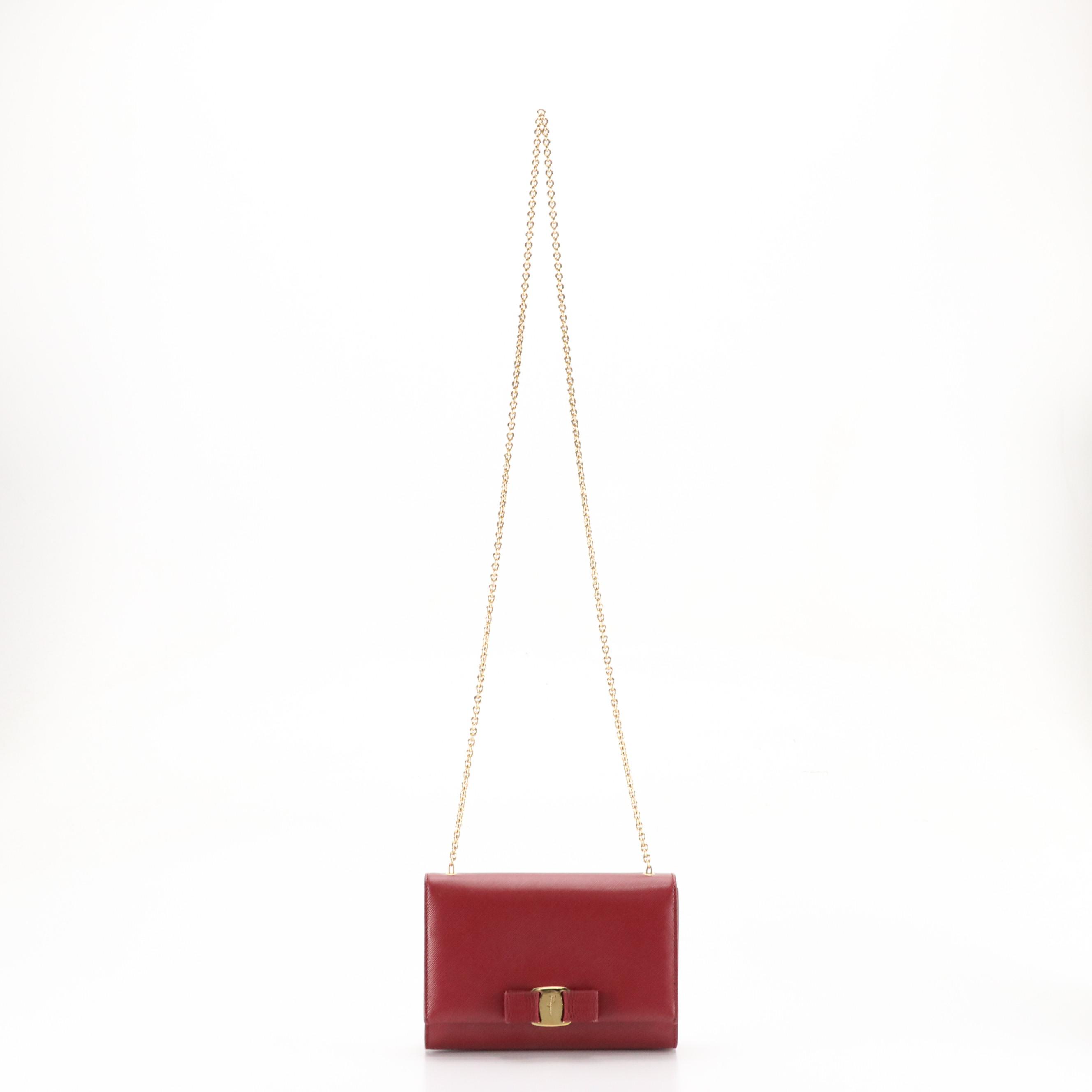 Salvatore Ferragamo Vara Bow Crossbody Bag in Dark Red Saffiano Leather With Box