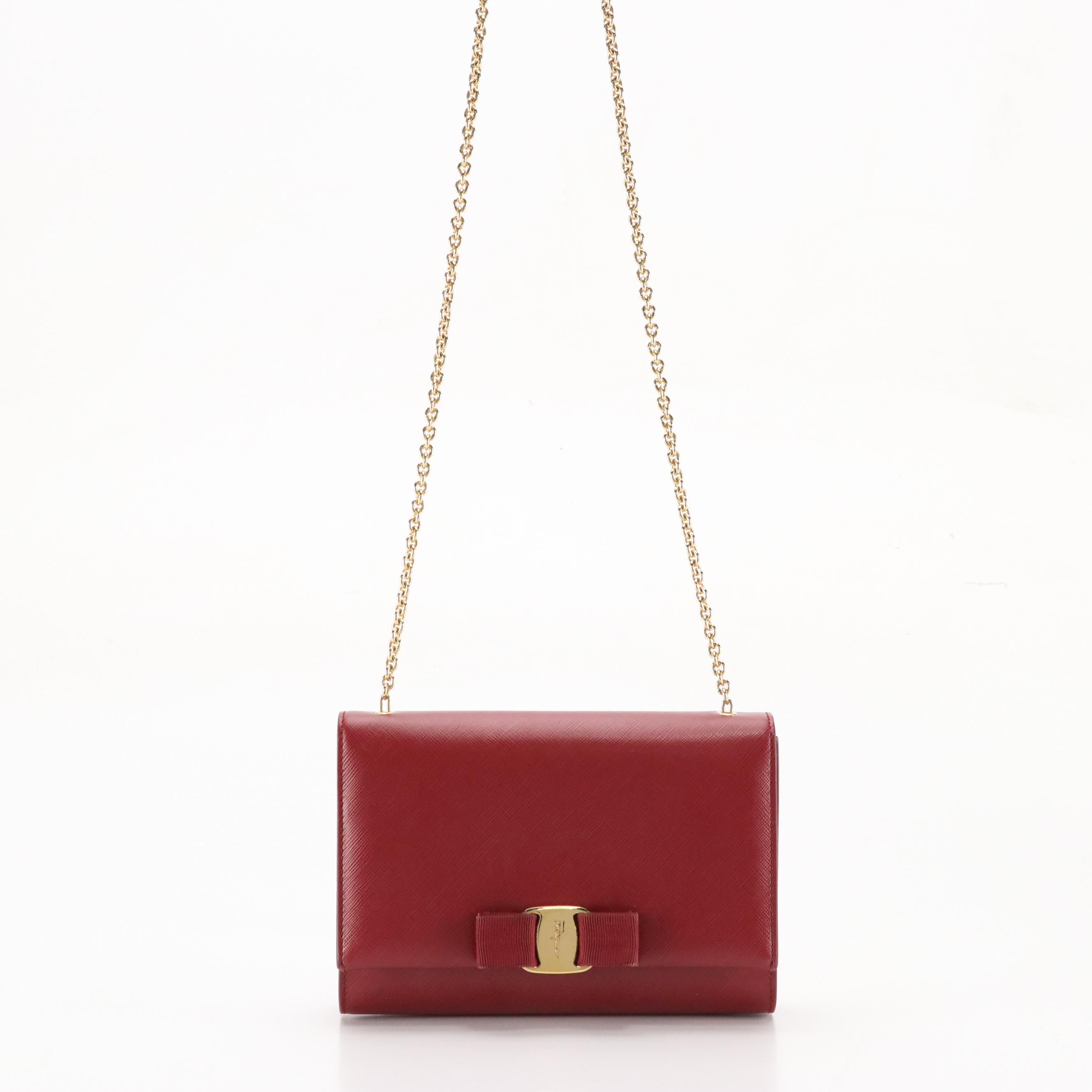 Salvatore Ferragamo Vara Bow Crossbody Bag in Dark Red Saffiano Leather With Box