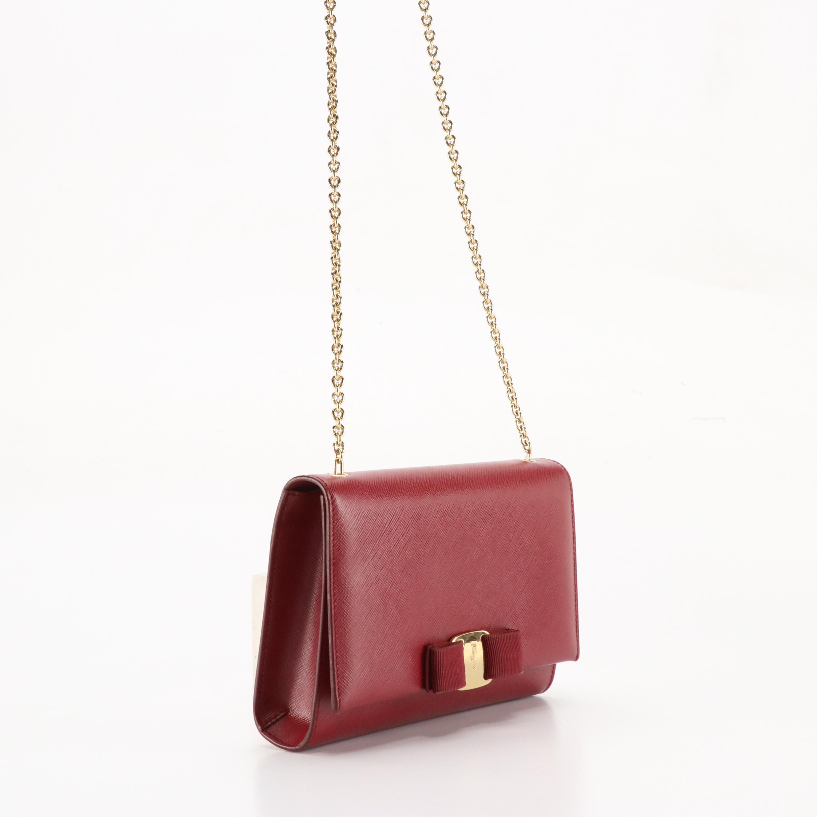 Salvatore Ferragamo Vara Bow Crossbody Bag in Dark Red Saffiano Leather With Box