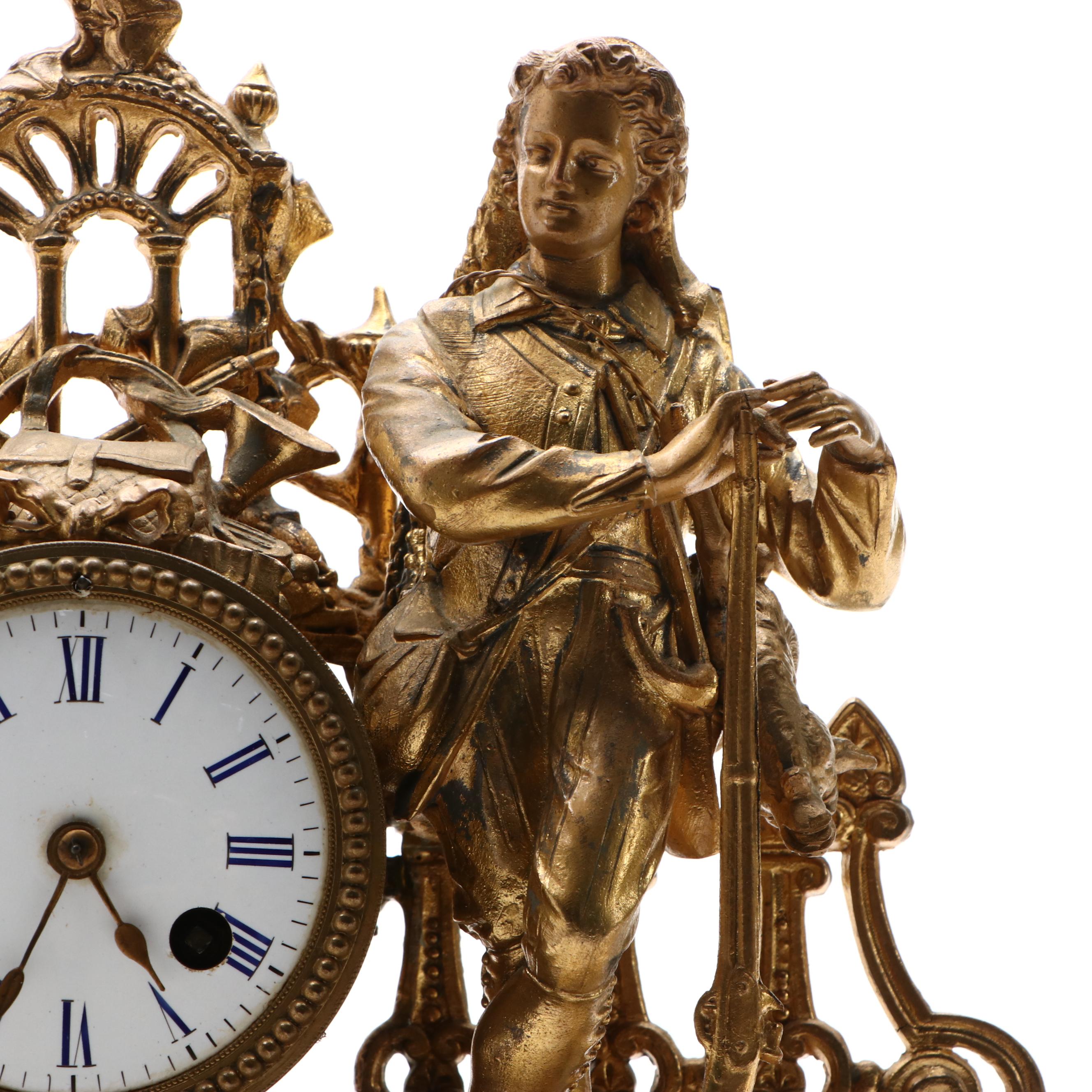 Louis Philippe Style Gilt Metal Figural Mantel Clock on Stone Base