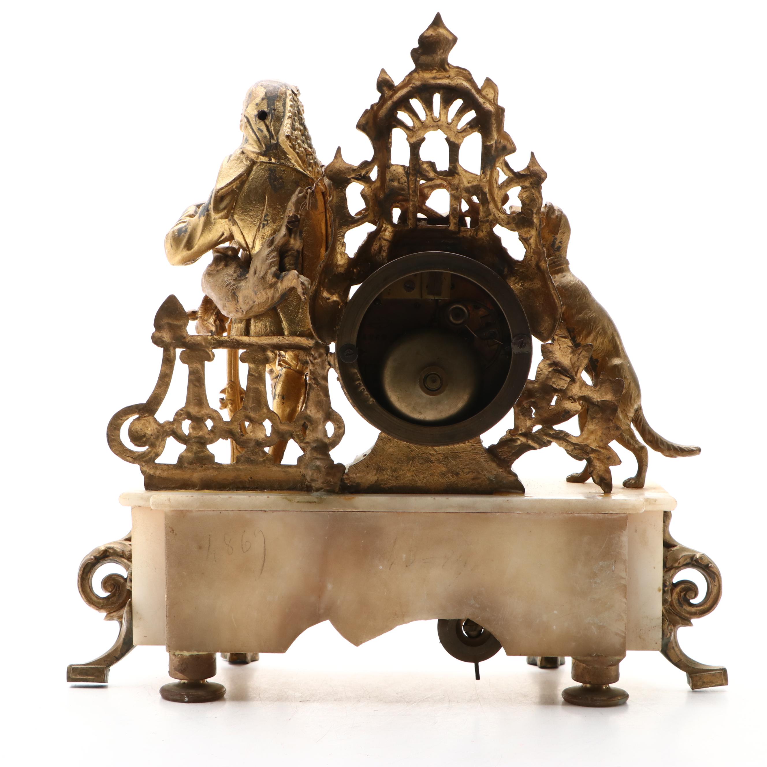 Louis Philippe Style Gilt Metal Figural Mantel Clock on Stone Base