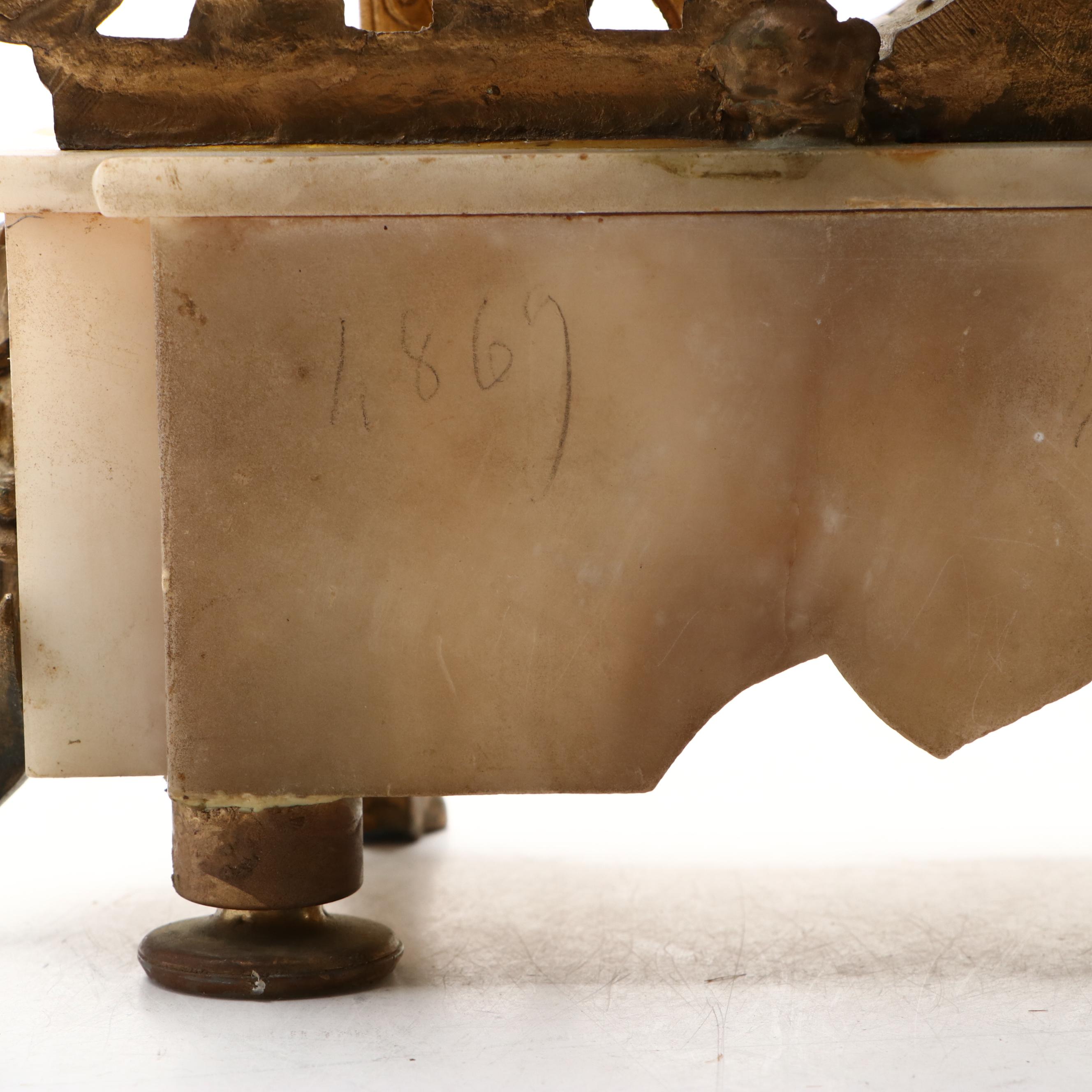 Louis Philippe Style Gilt Metal Figural Mantel Clock on Stone Base