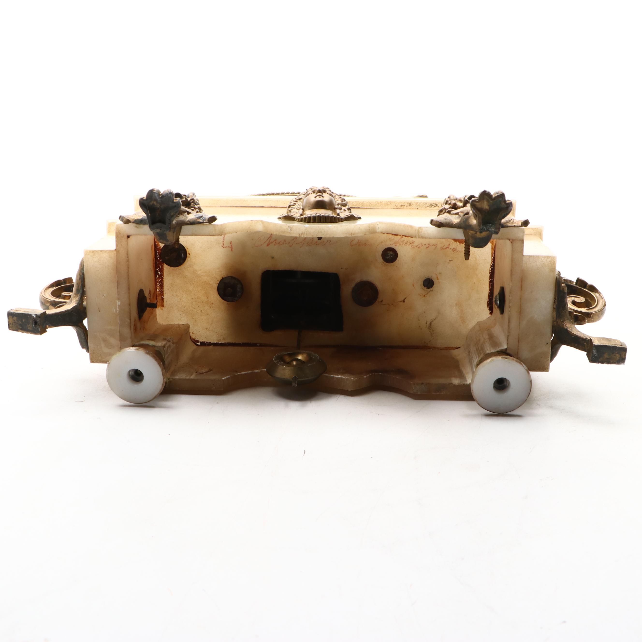 Louis Philippe Style Gilt Metal Figural Mantel Clock on Stone Base