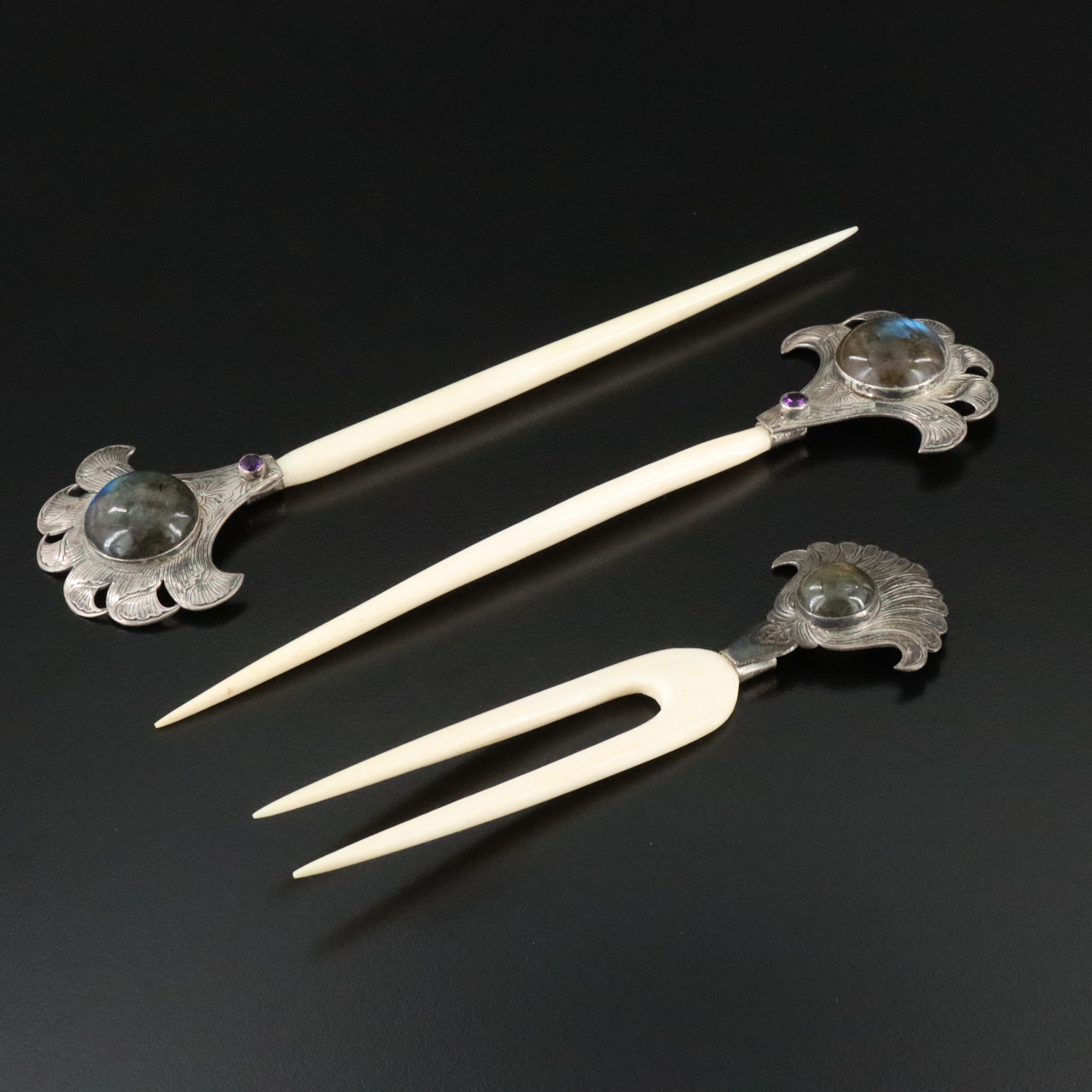 Vintage Chinese Sterling Bone, Labradorite and Amethyst Ornamental Hairpins