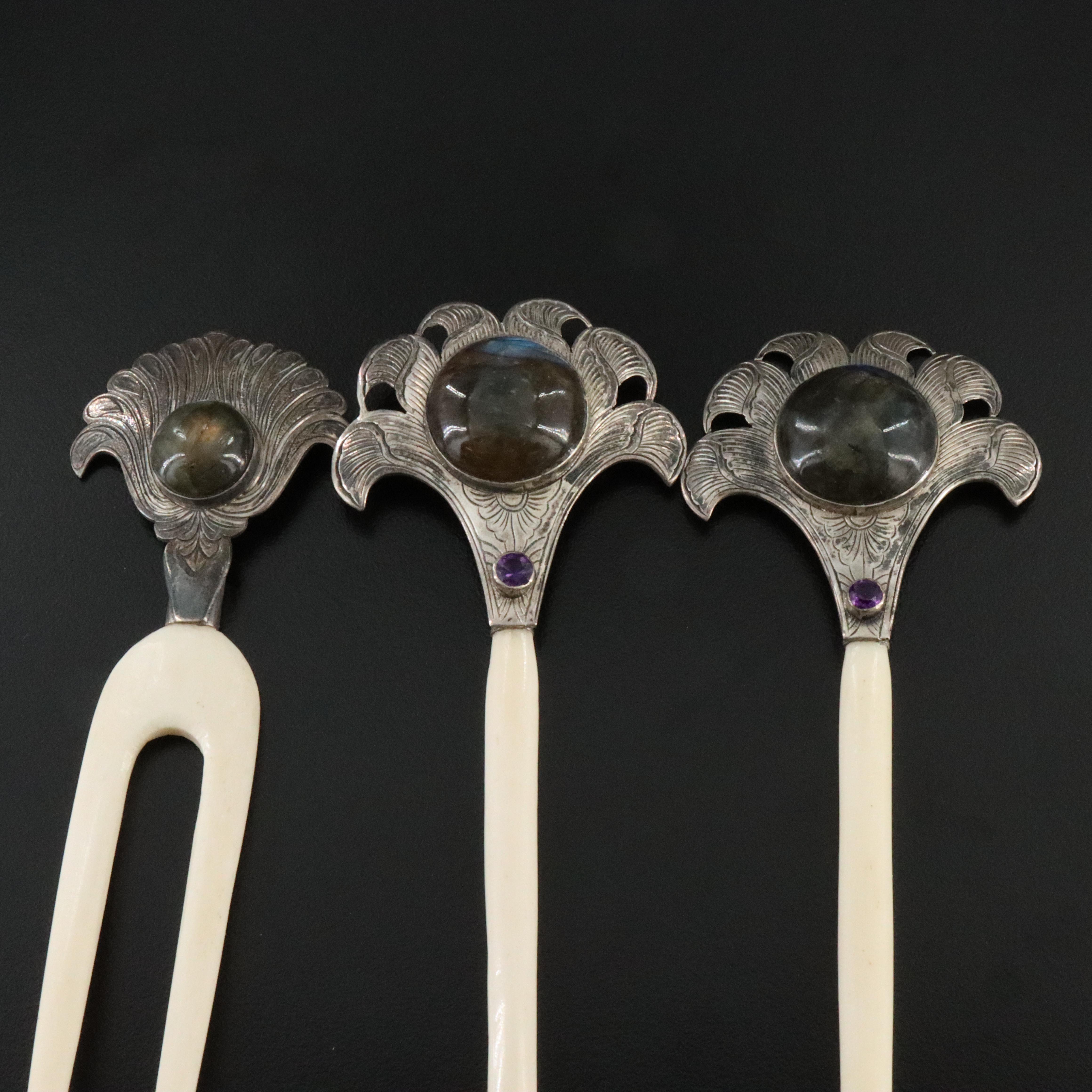 Vintage Chinese Sterling Bone, Labradorite and Amethyst Ornamental Hairpins