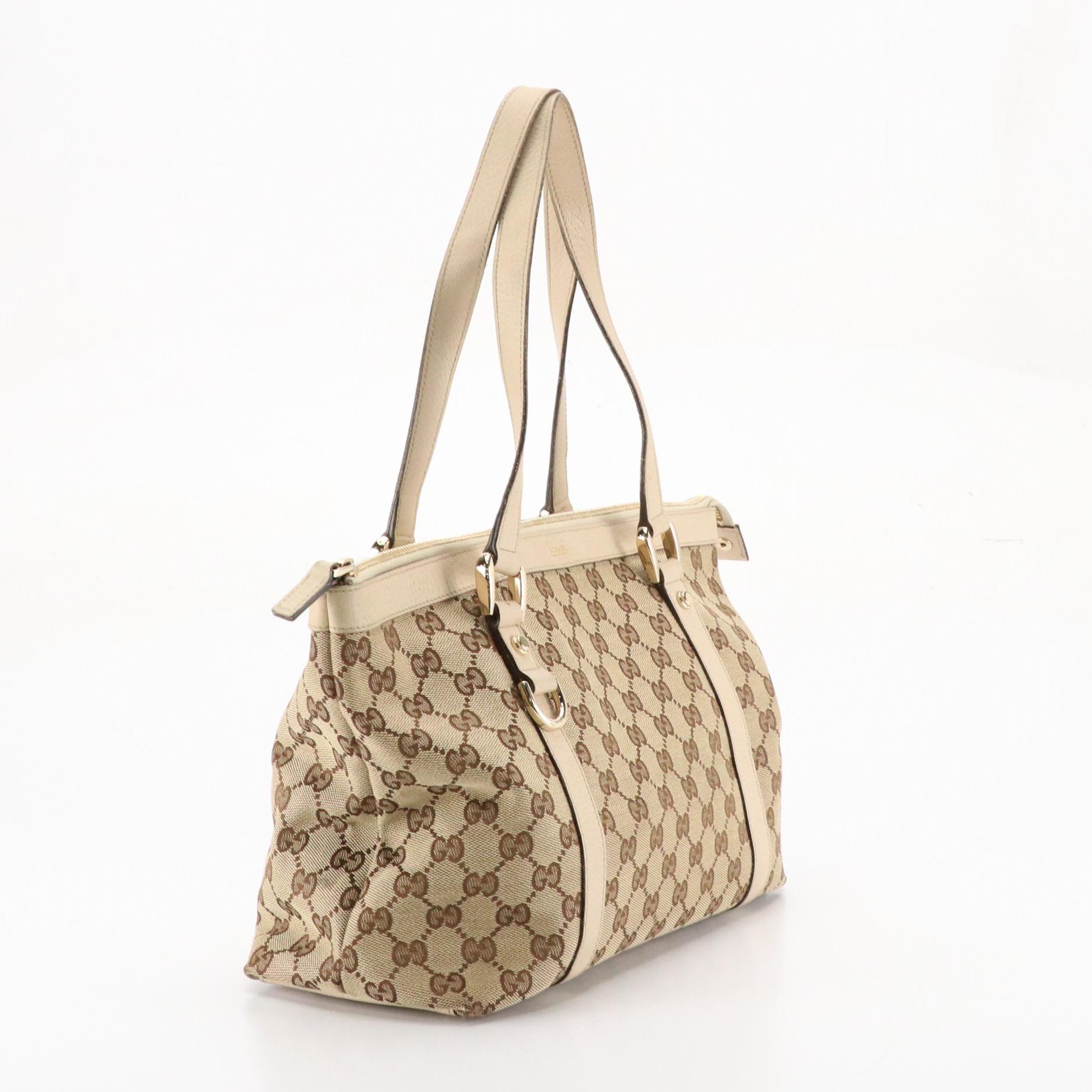 Gucci Abbey Zip Tote in Beige GG Canvas and Cinghiale Leather