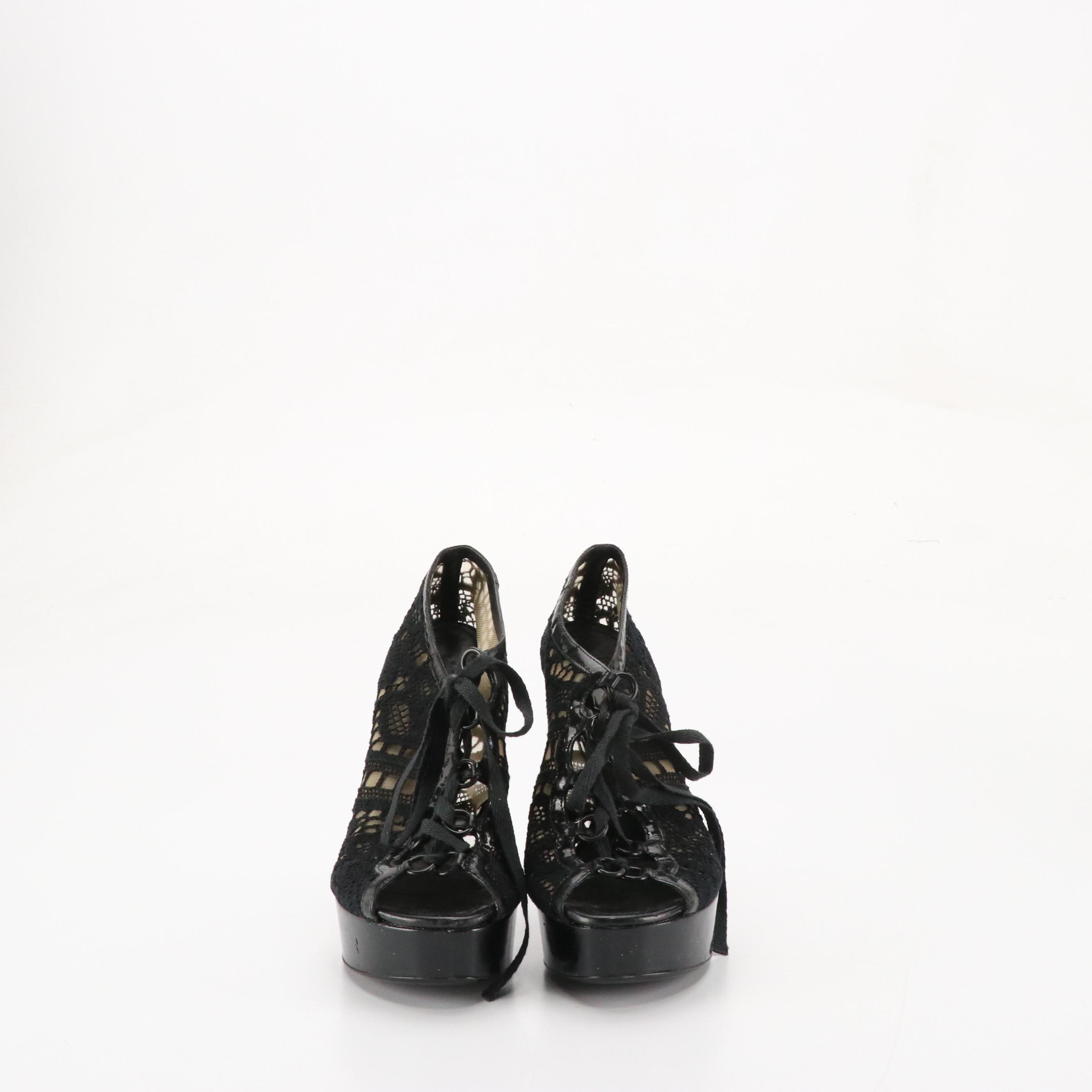 Dolce & Gabbana Platform Peep-Toe Pumps in Black Mesh Lace and Patent Leather