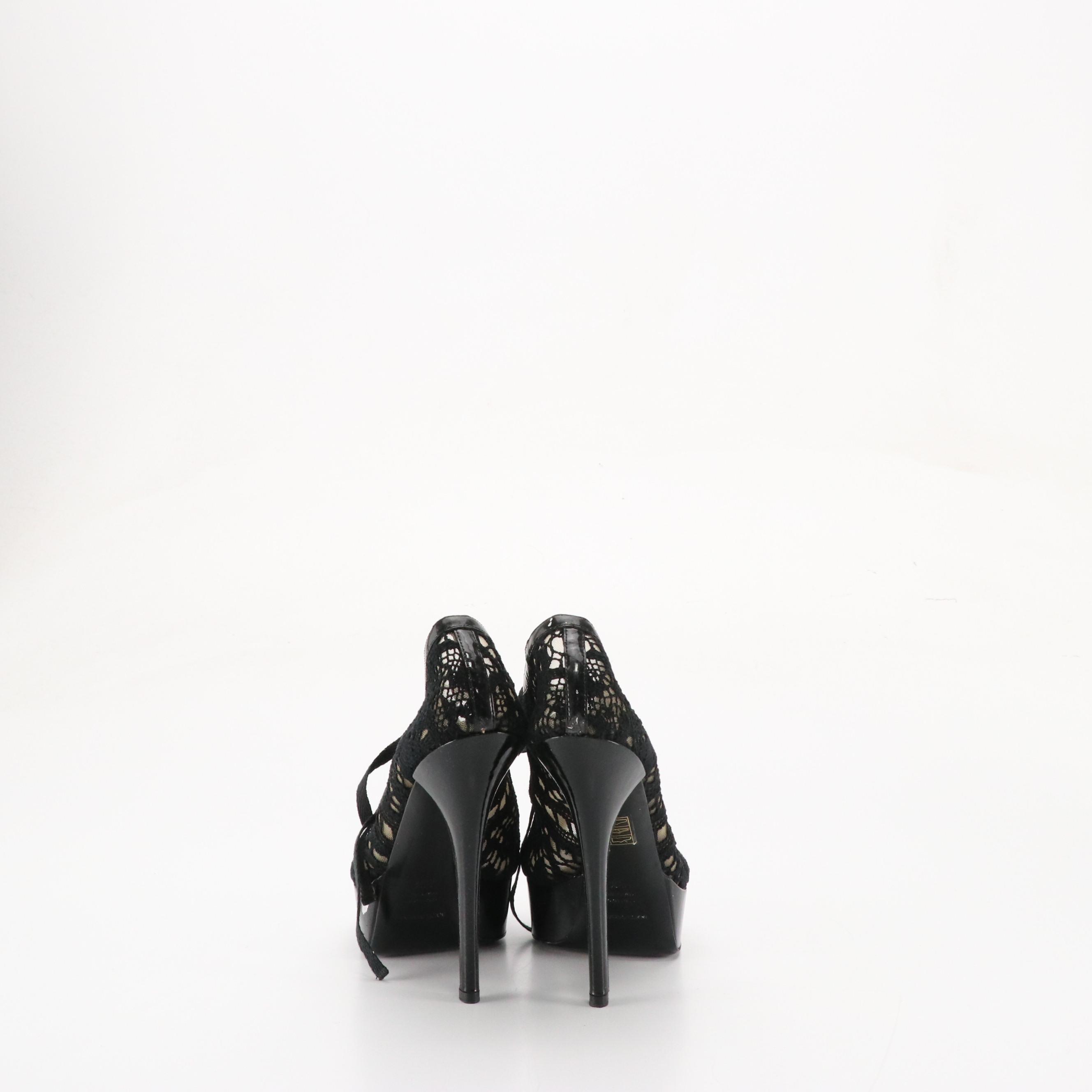 Dolce & Gabbana Platform Peep-Toe Pumps in Black Mesh Lace and Patent Leather