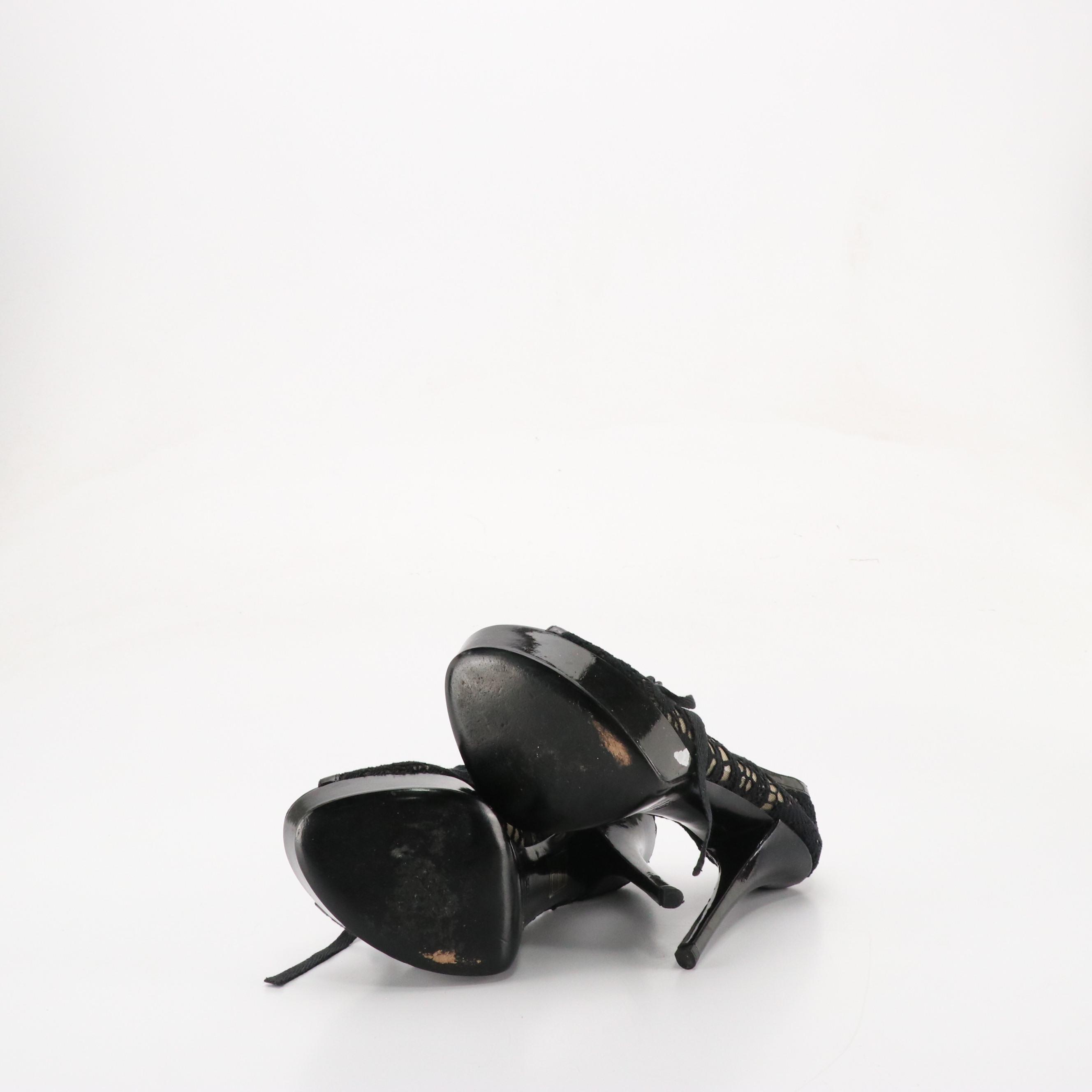 Dolce & Gabbana Platform Peep-Toe Pumps in Black Mesh Lace and Patent Leather