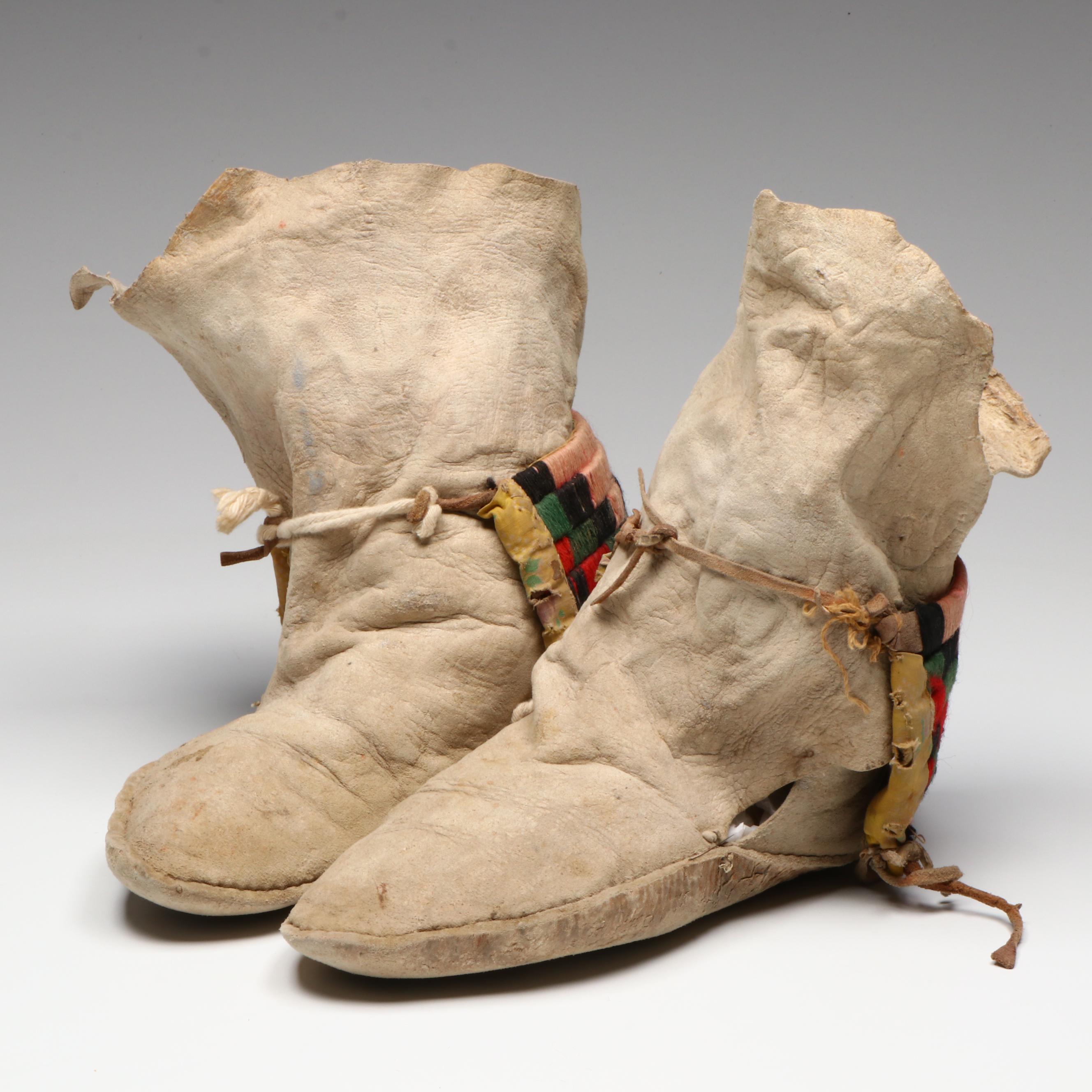 Pair of Indigenous Hide Moccasins with Handwoven Cuffs