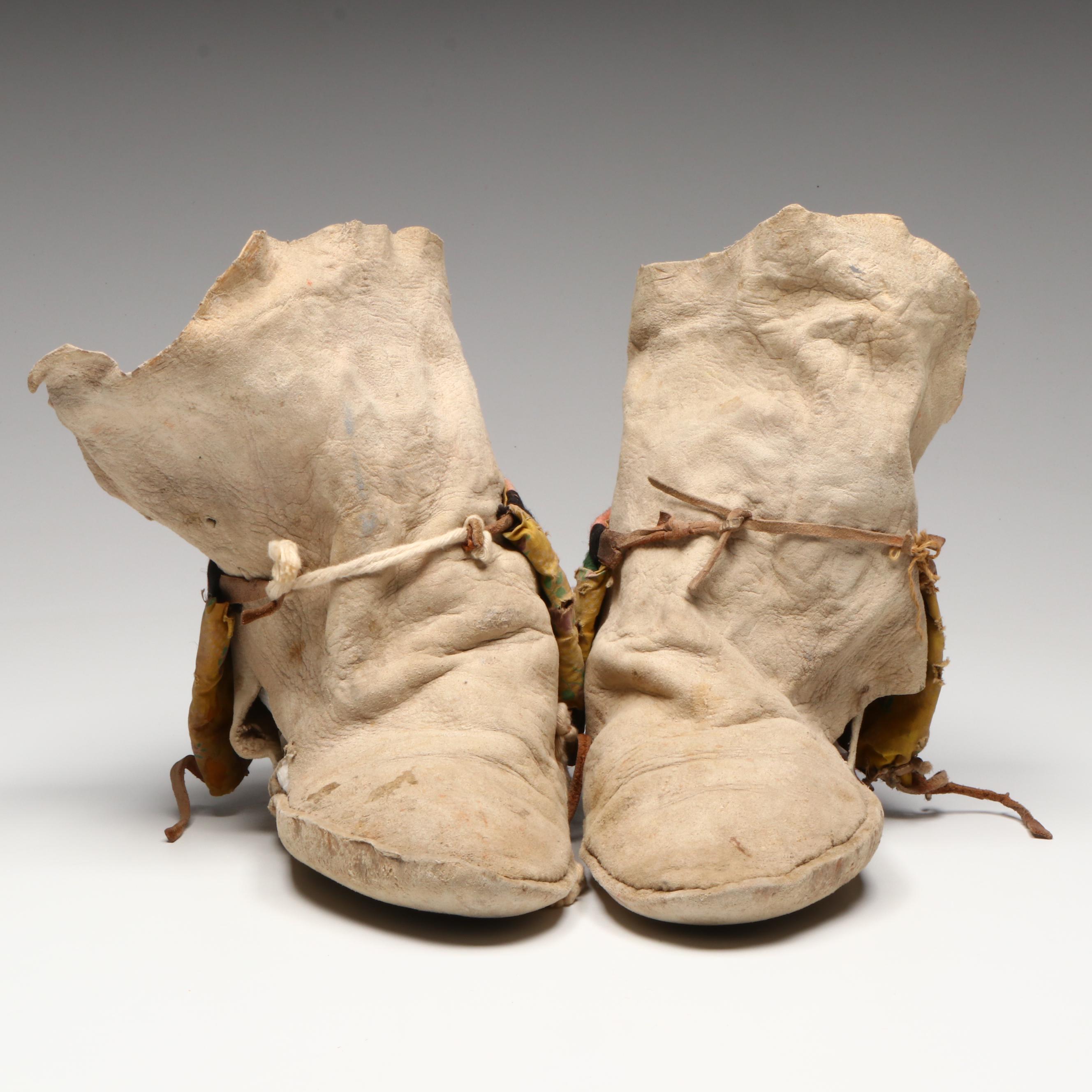 Pair of Indigenous Hide Moccasins with Handwoven Cuffs