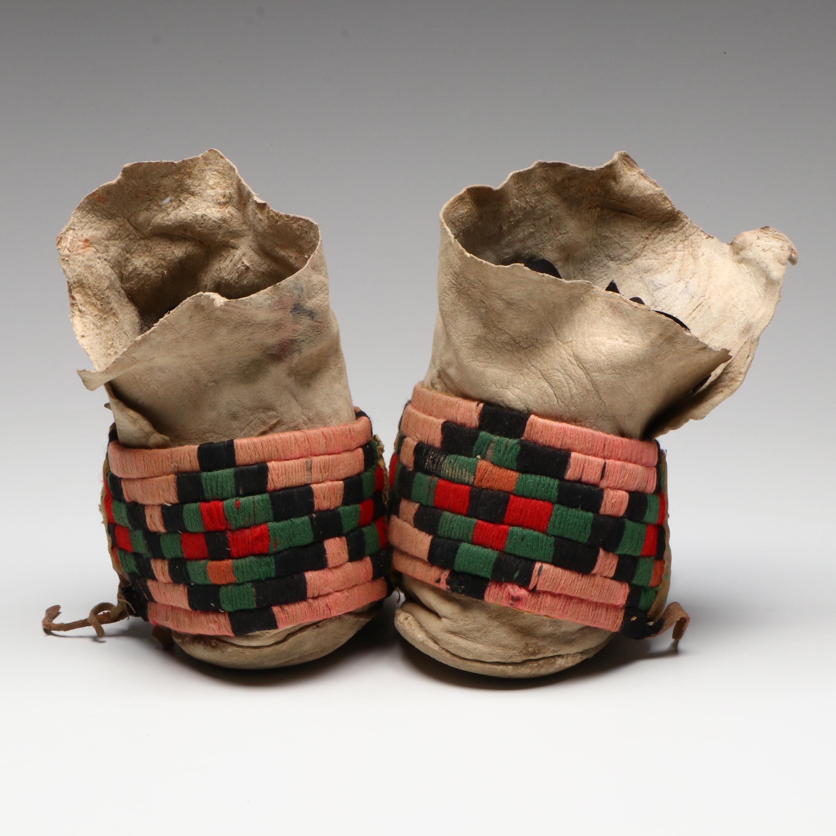 Pair of Indigenous Hide Moccasins with Handwoven Cuffs