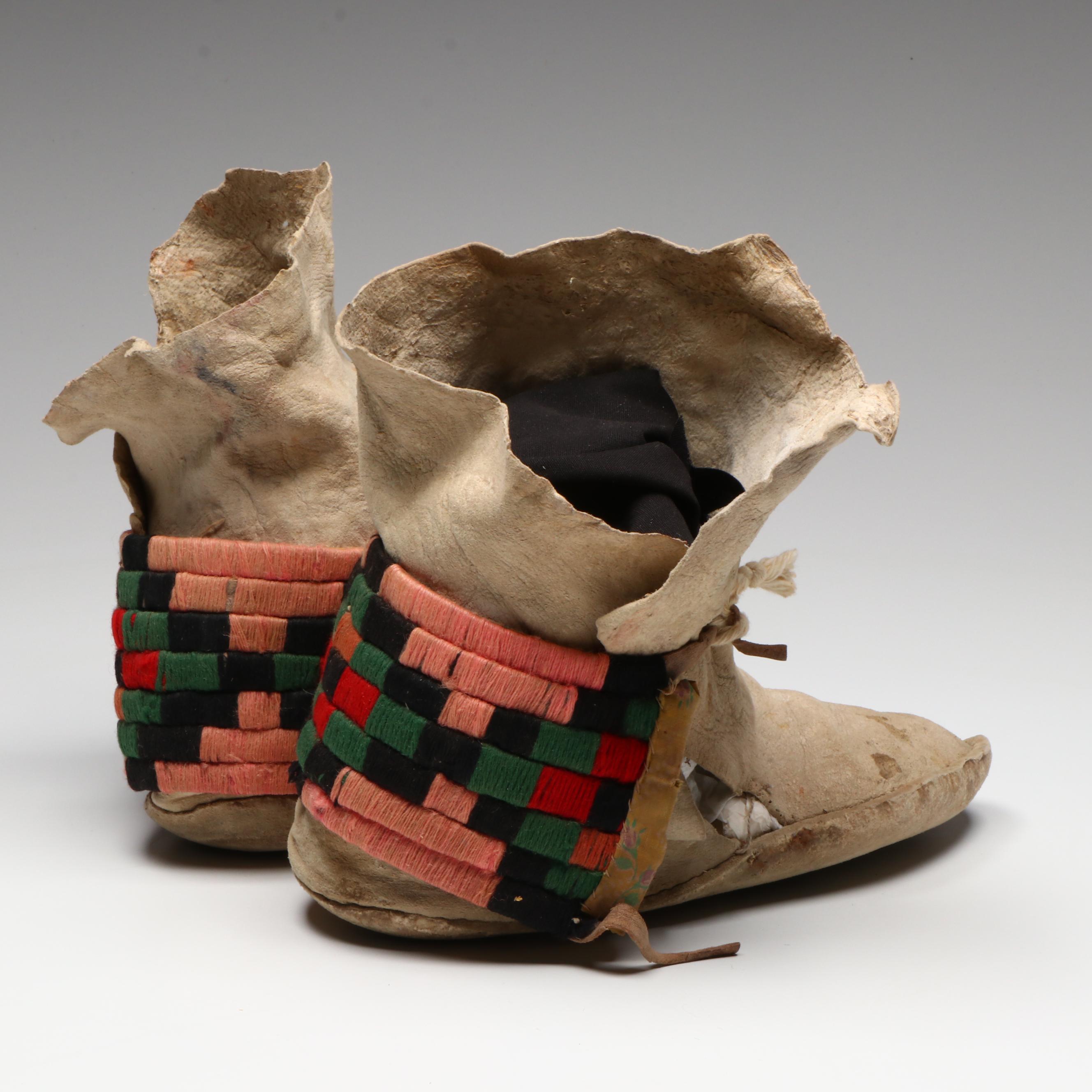 Pair of Indigenous Hide Moccasins with Handwoven Cuffs
