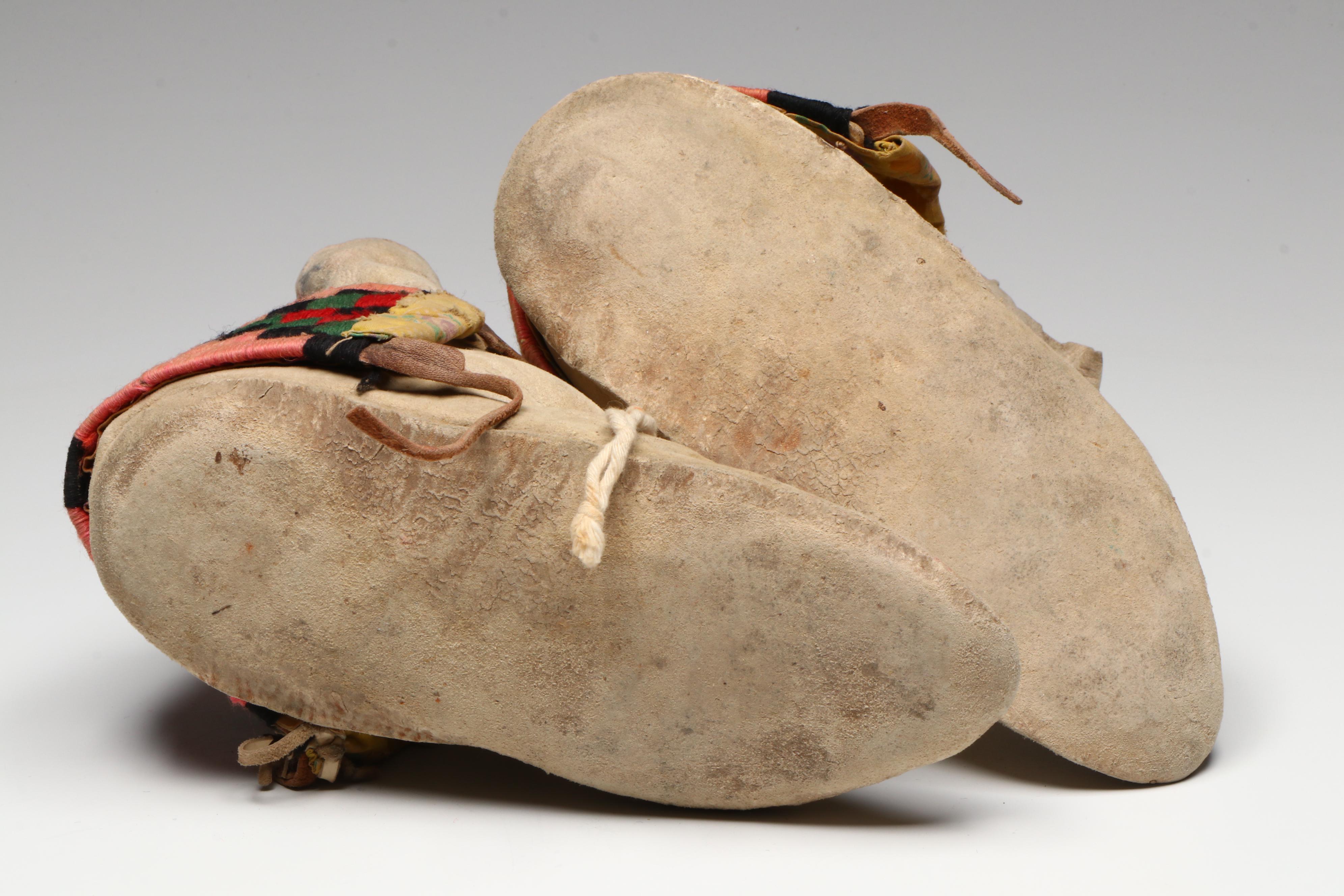Pair of Indigenous Hide Moccasins with Handwoven Cuffs