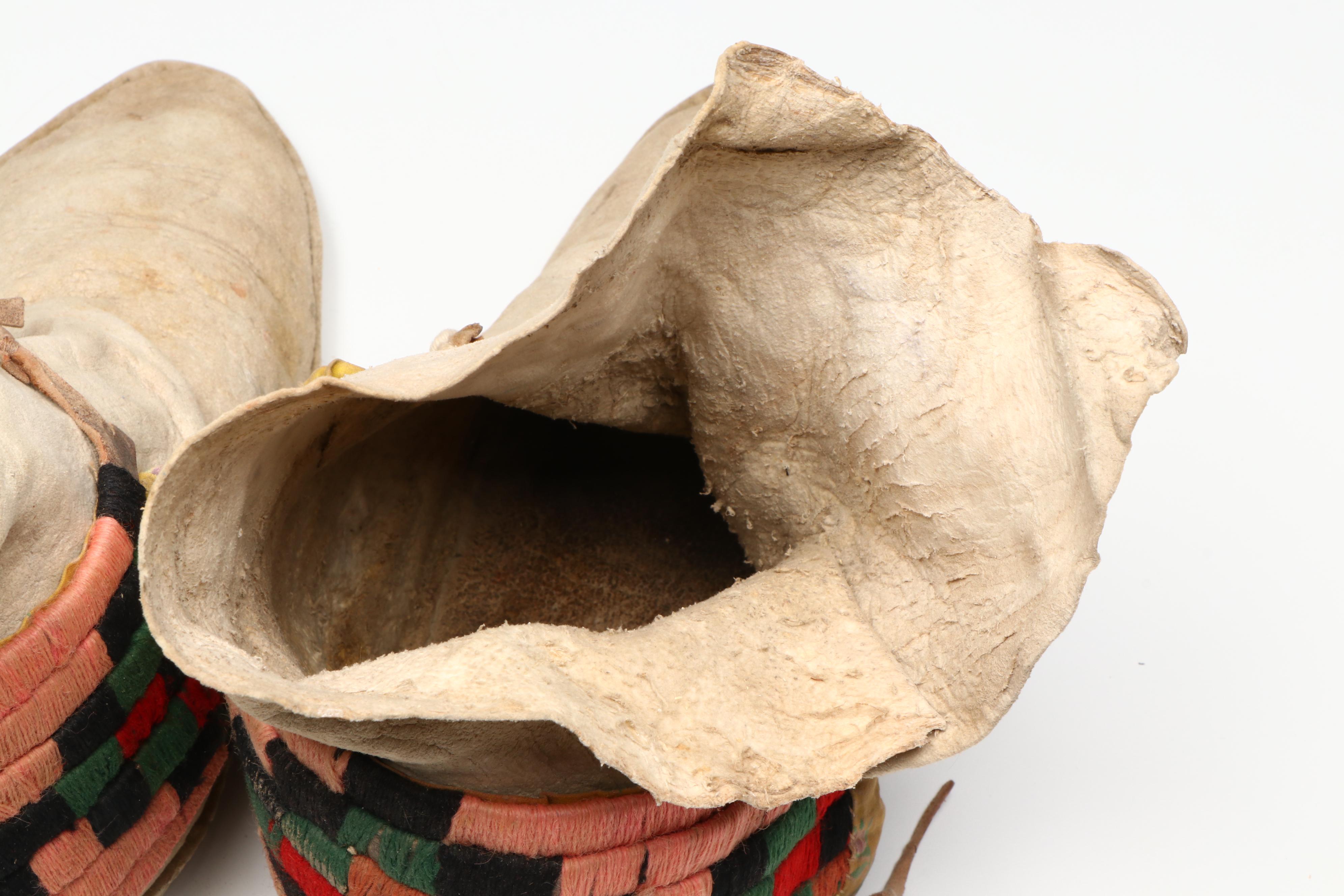 Pair of Indigenous Hide Moccasins with Handwoven Cuffs