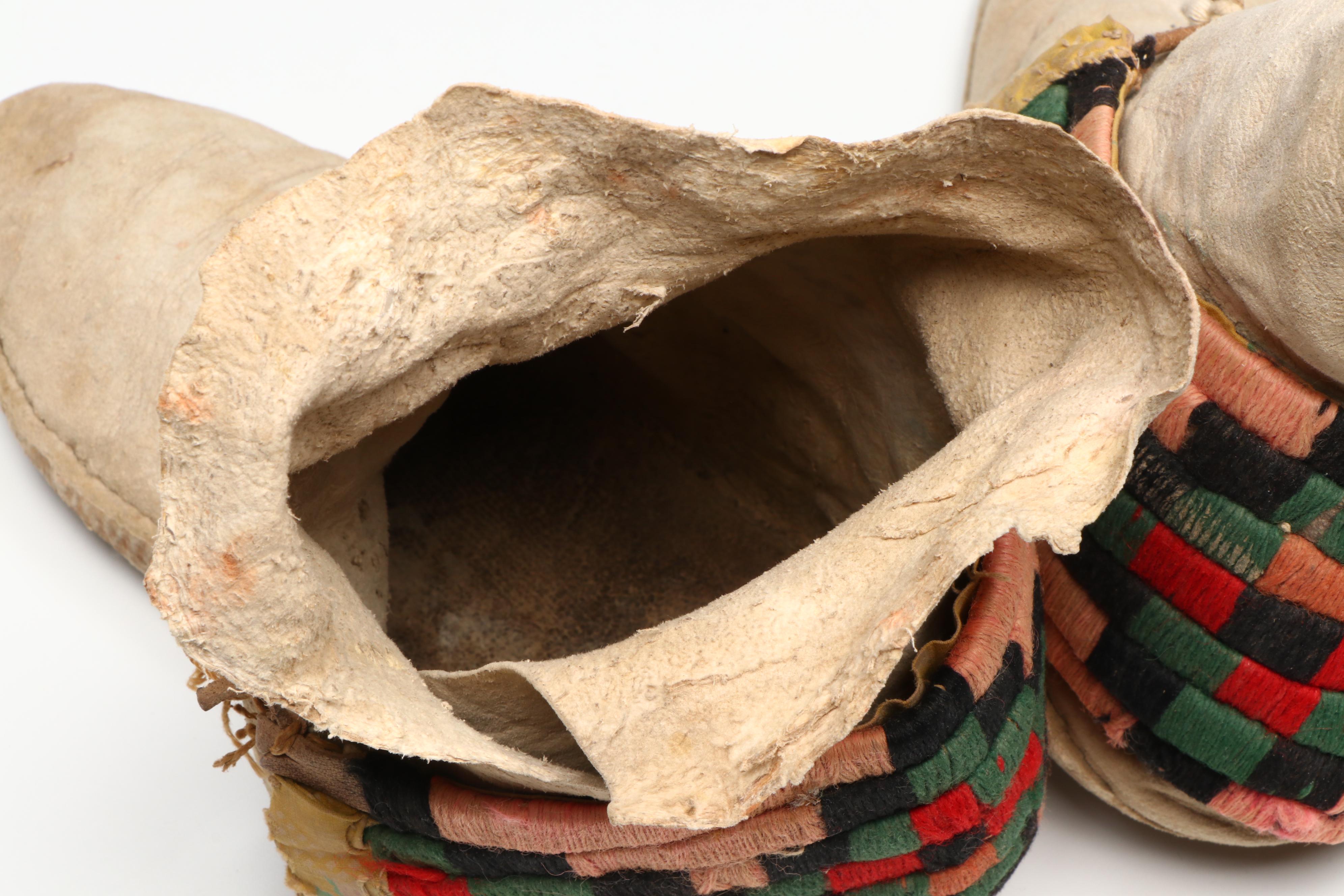 Pair of Indigenous Hide Moccasins with Handwoven Cuffs