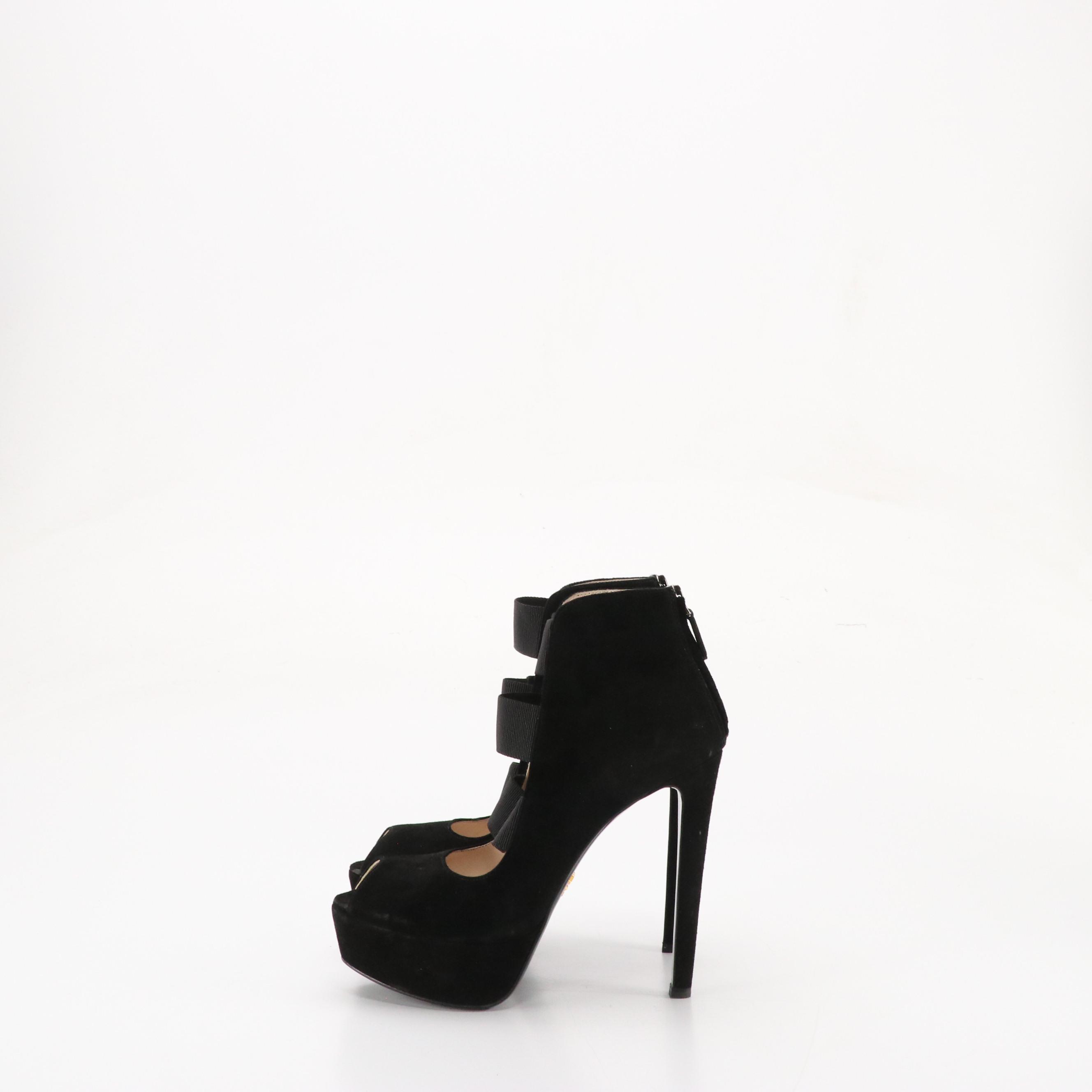 Prada Strappy Platform Peep-Toe Pumps in Black Suede, With Box
