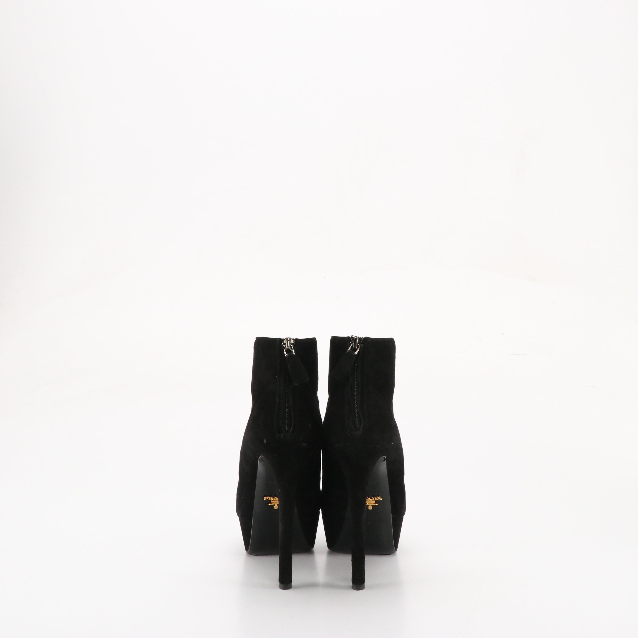 Prada Strappy Platform Peep-Toe Pumps in Black Suede, With Box