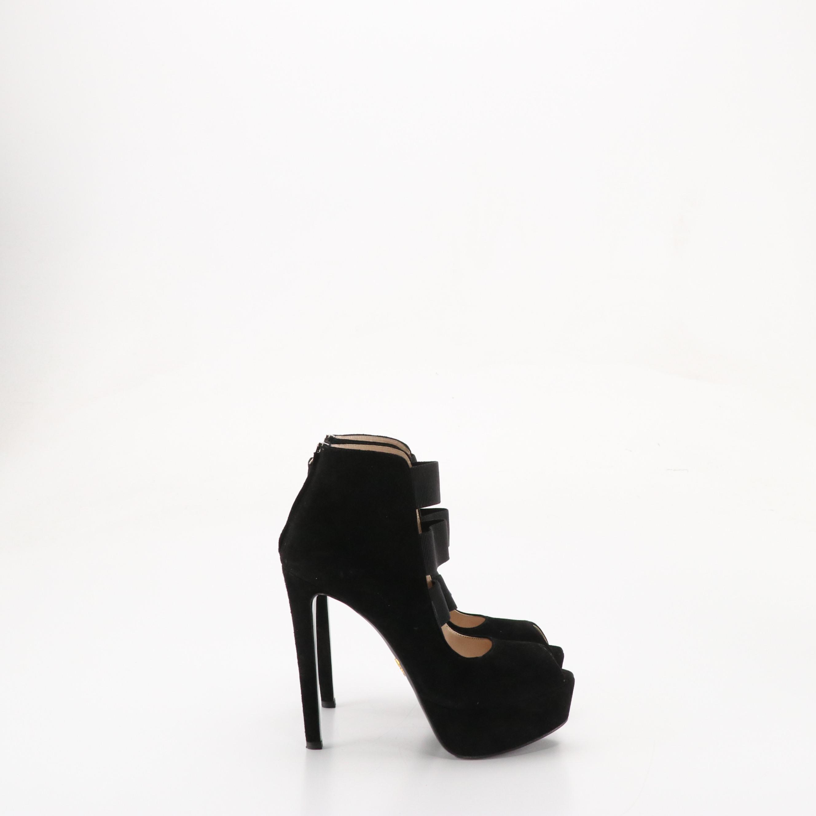Prada Strappy Platform Peep-Toe Pumps in Black Suede, With Box