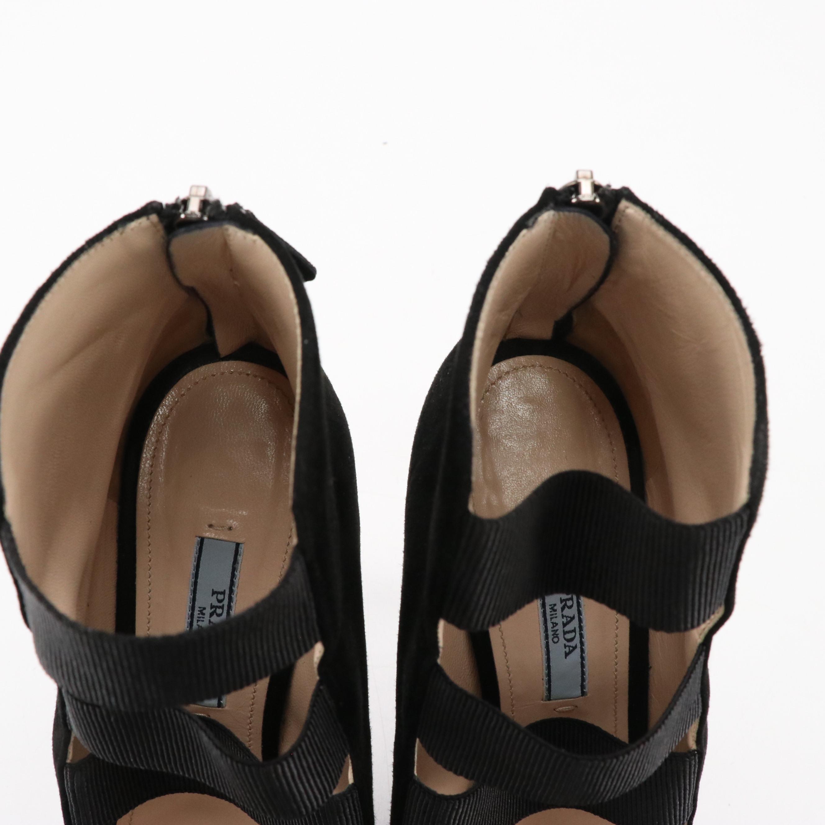 Prada Strappy Platform Peep-Toe Pumps in Black Suede, With Box