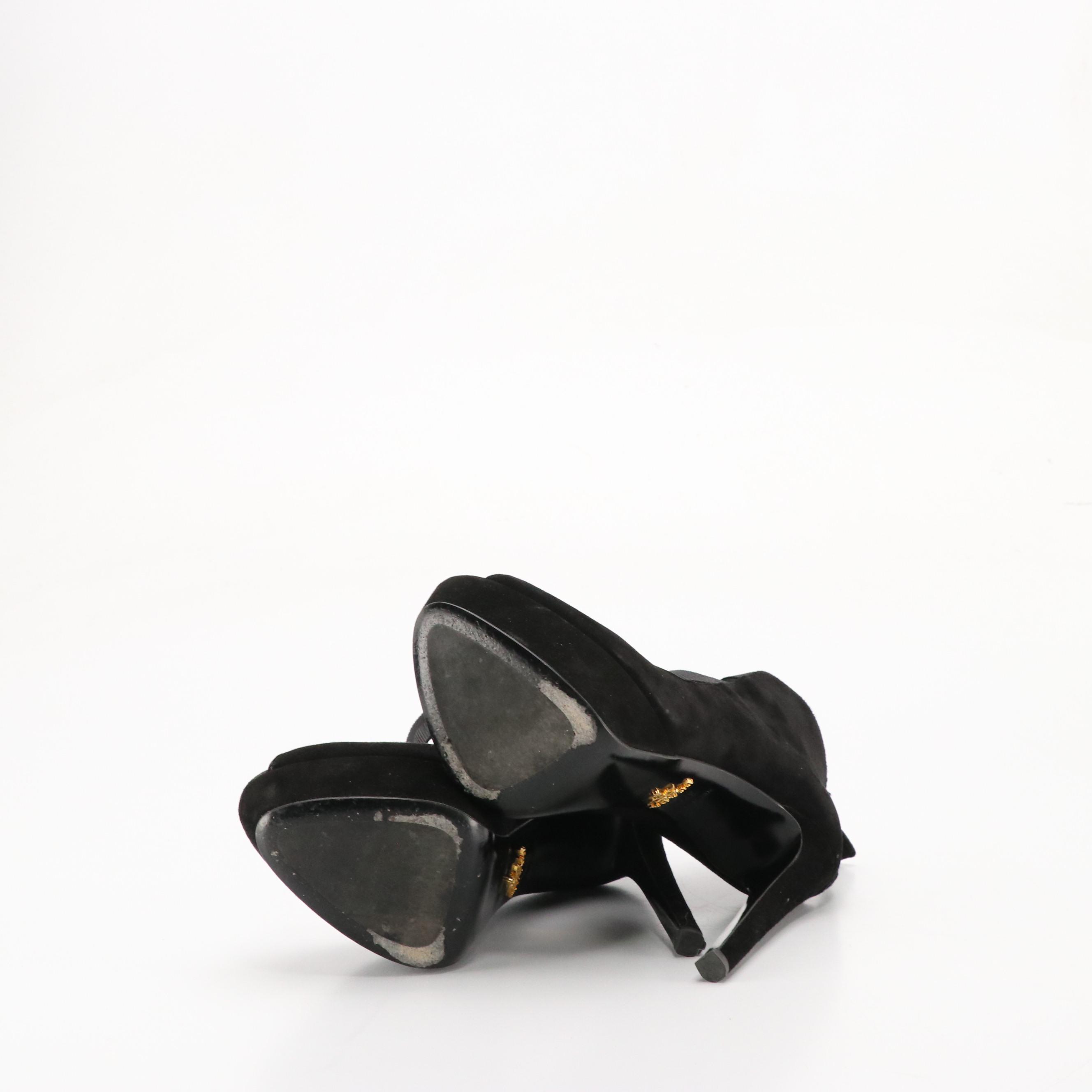Prada Strappy Platform Peep-Toe Pumps in Black Suede, With Box