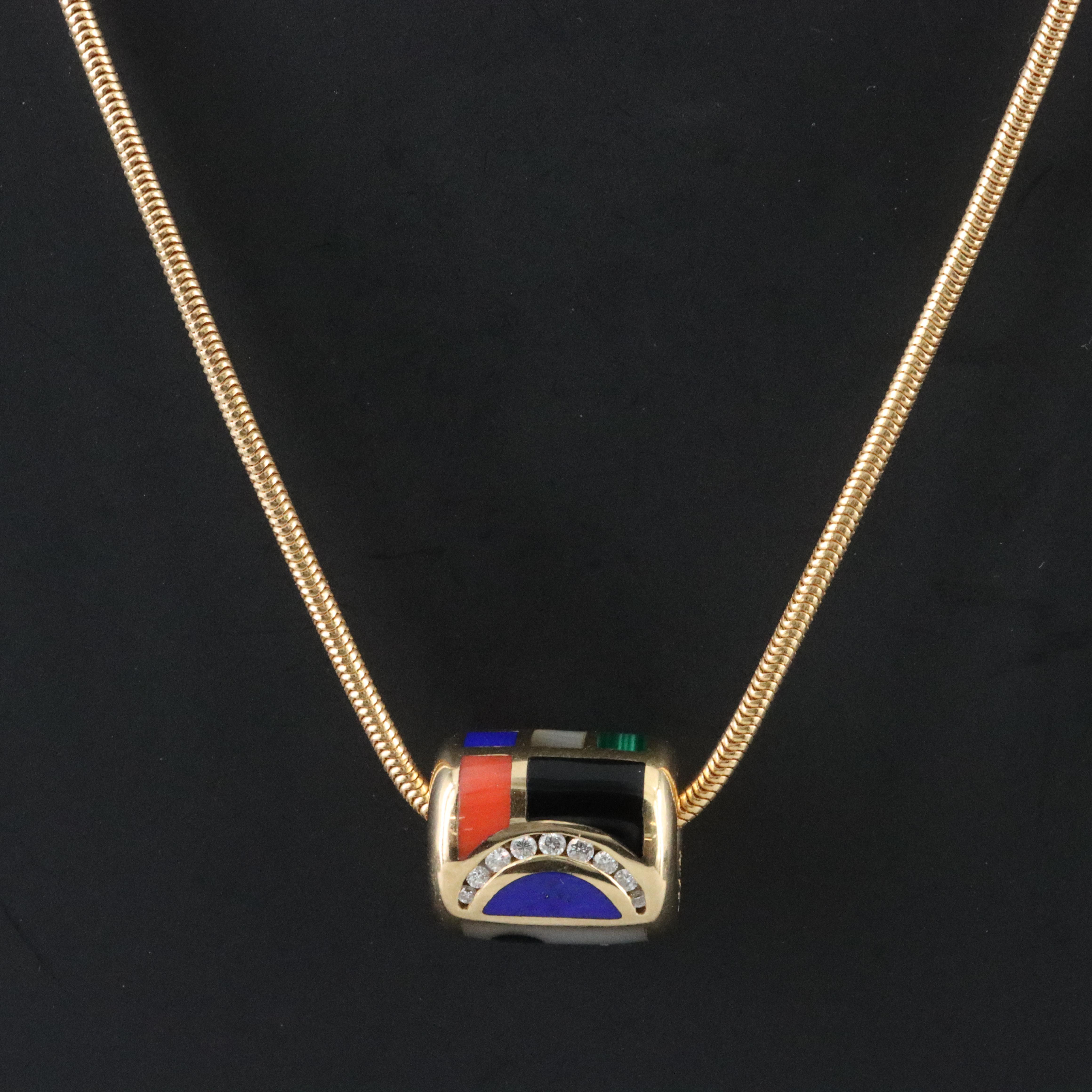 Asch-Grossbardt 14K Gemstone Inlay and Diamond Slide Bead Pendant Necklace