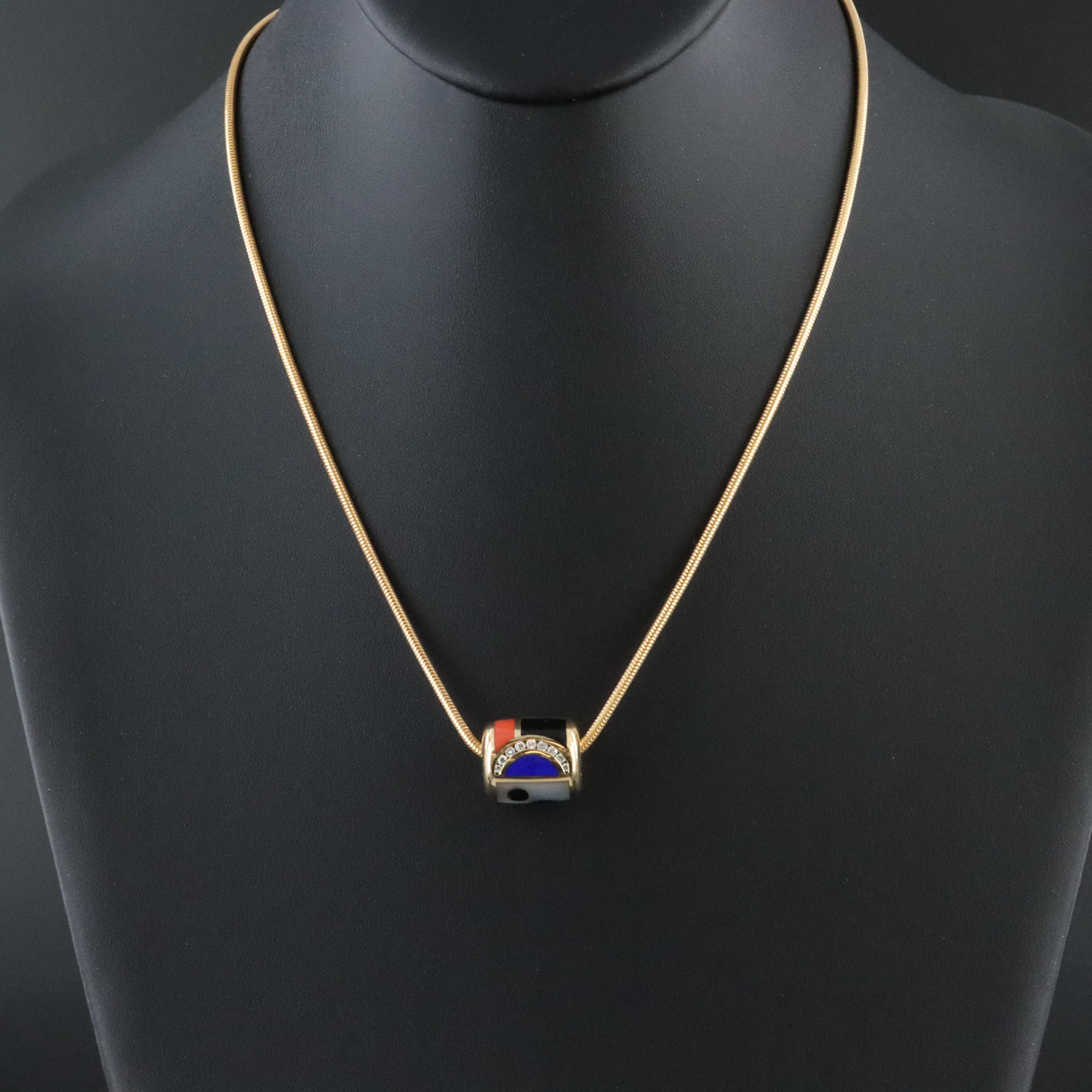 Asch-Grossbardt 14K Gemstone Inlay and Diamond Slide Bead Pendant Necklace